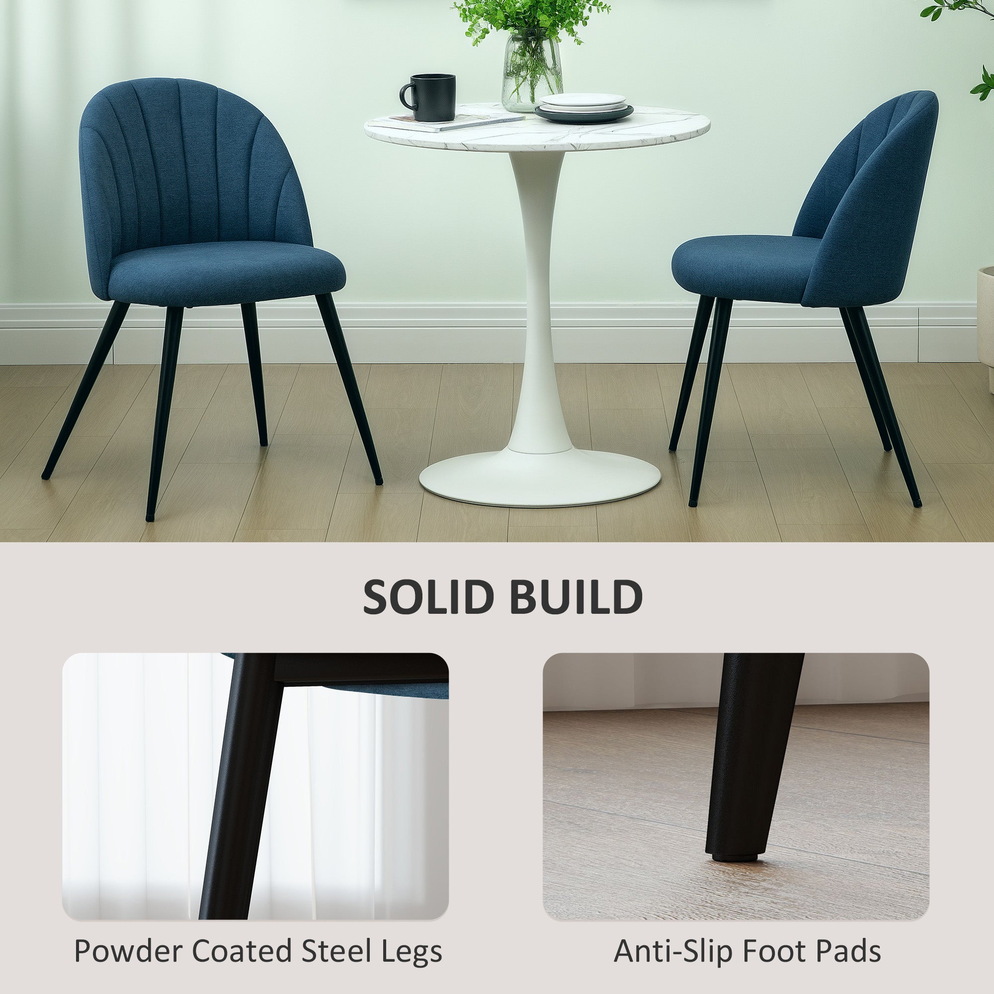 HOMCOM Dining Chairs Set of 2, Modern Upholstered Kitchen Chairs with Metal Legs, Shell Backrest and Padded Seat for Dining Room, Bedroom, Living Room, Vanity, Blue