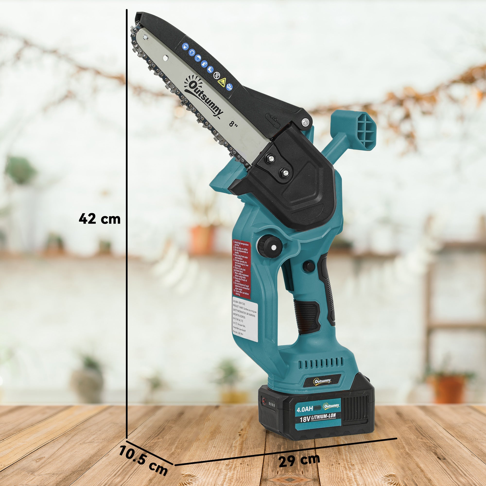 Outsunny 8 Inch Electric Chainsaw, Cordless Mini Chain Saw with Brushless Motor, 2 x 4000mAh Batteries and Safety Lock, Handheld Portable Wood Pruning Saw for Trimming Cutting, Blue