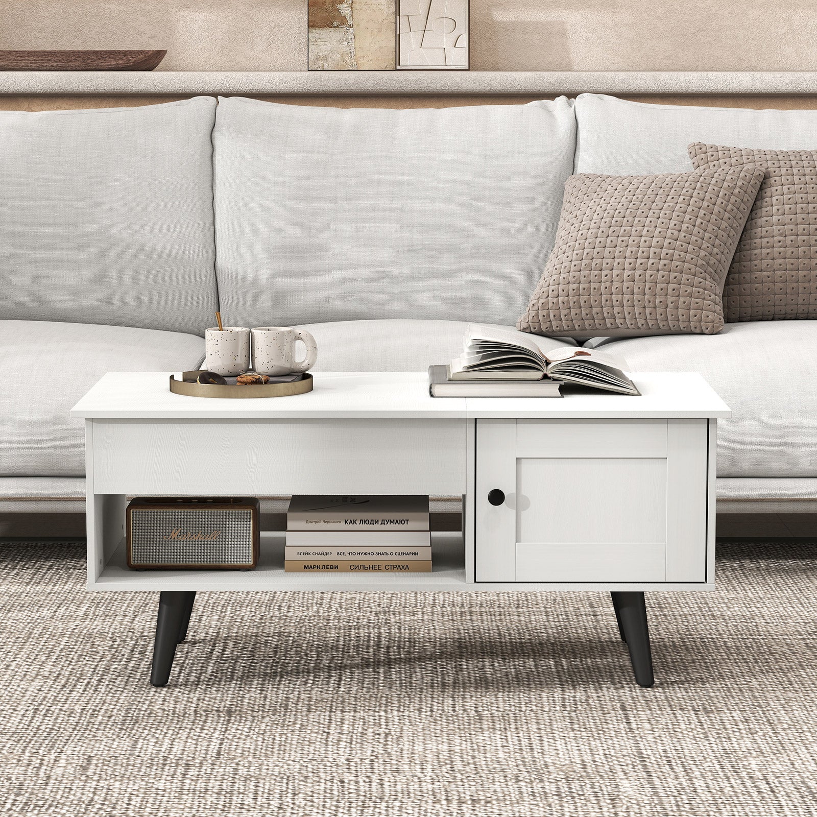 Lift Top Coffee Table with Storage Living Room Table with Hidden Compartment-White