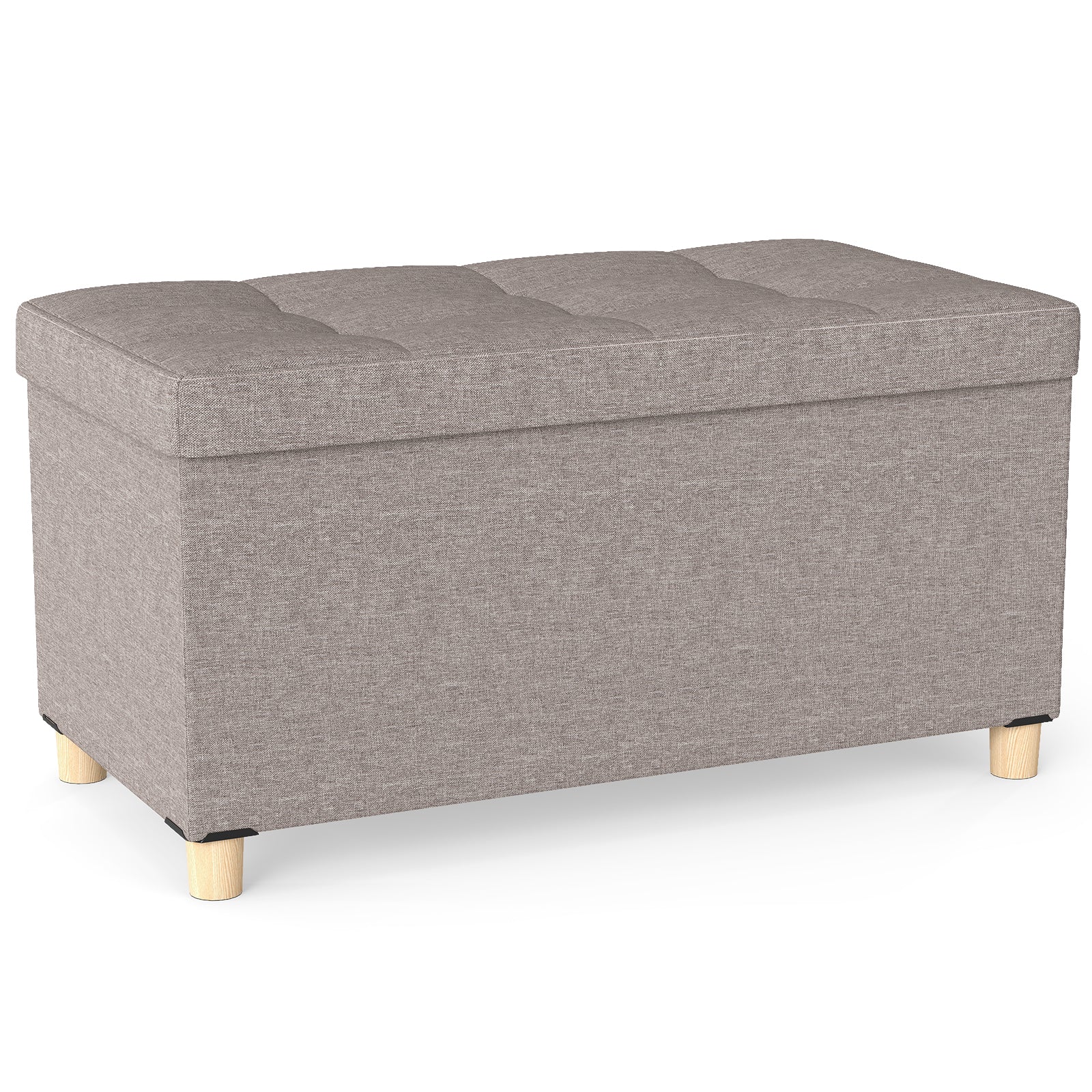 Linen Fabric Storage Ottoman Bench with Tray and Rubber Wood Legs-Grey