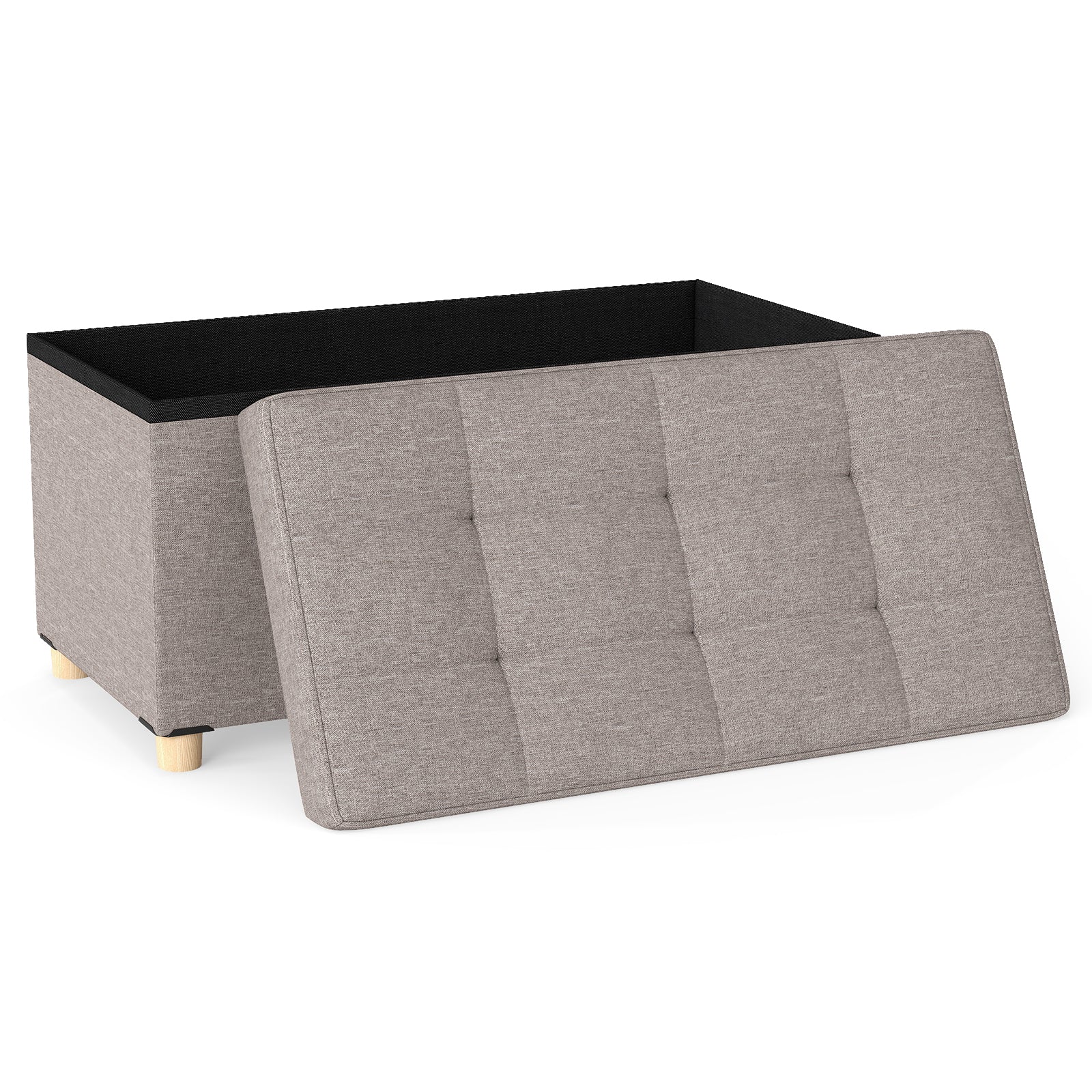 Linen Fabric Storage Ottoman Bench with Tray and Rubber Wood Legs-Grey