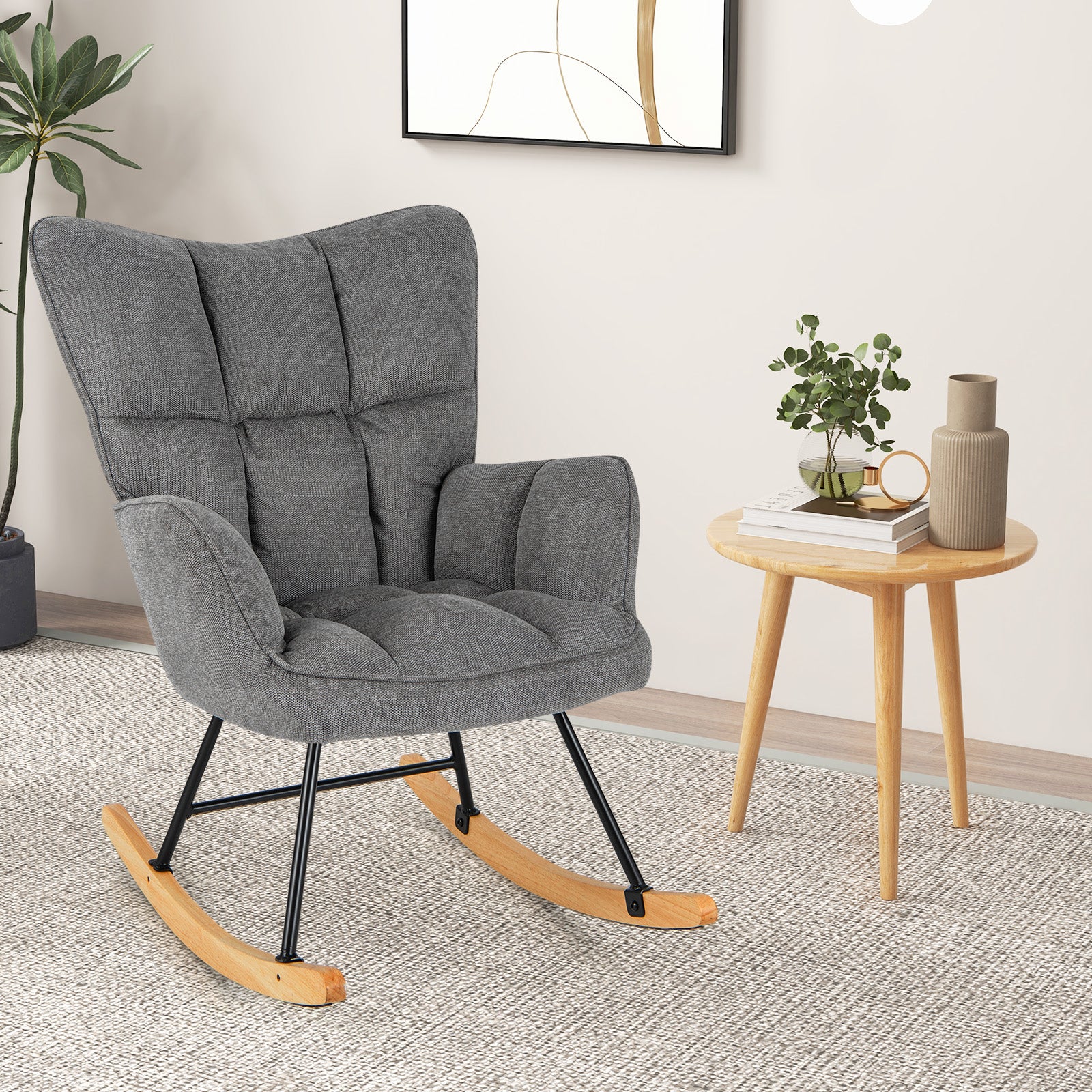 Linen Nursery Rocking Chair Modern Rocking Accent Chair with High Backrest-Grey