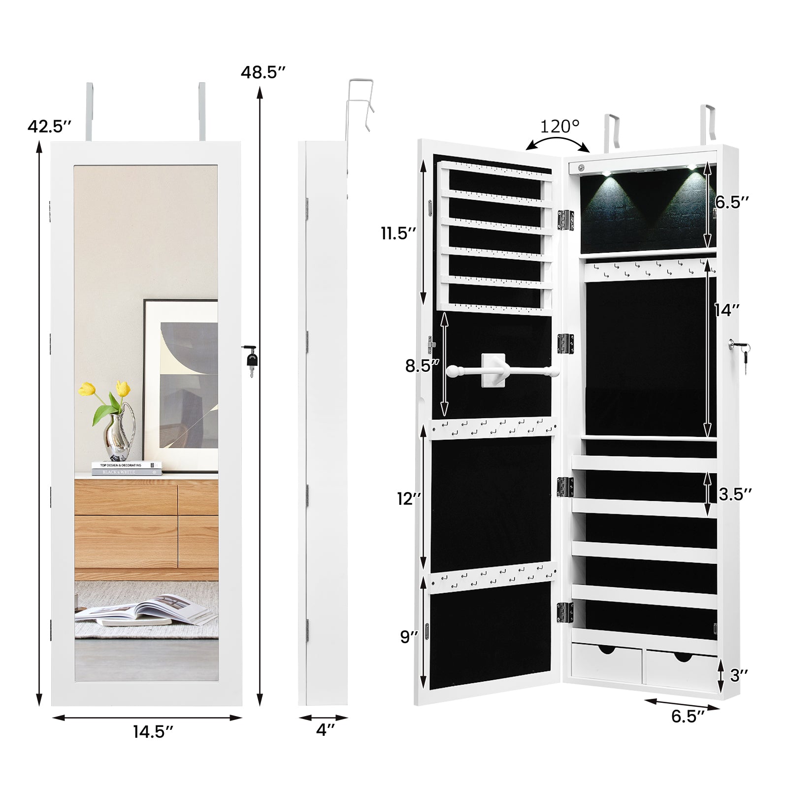 Lockable Jewelry Cabinet with Full Length Mirror and LED Lights-White