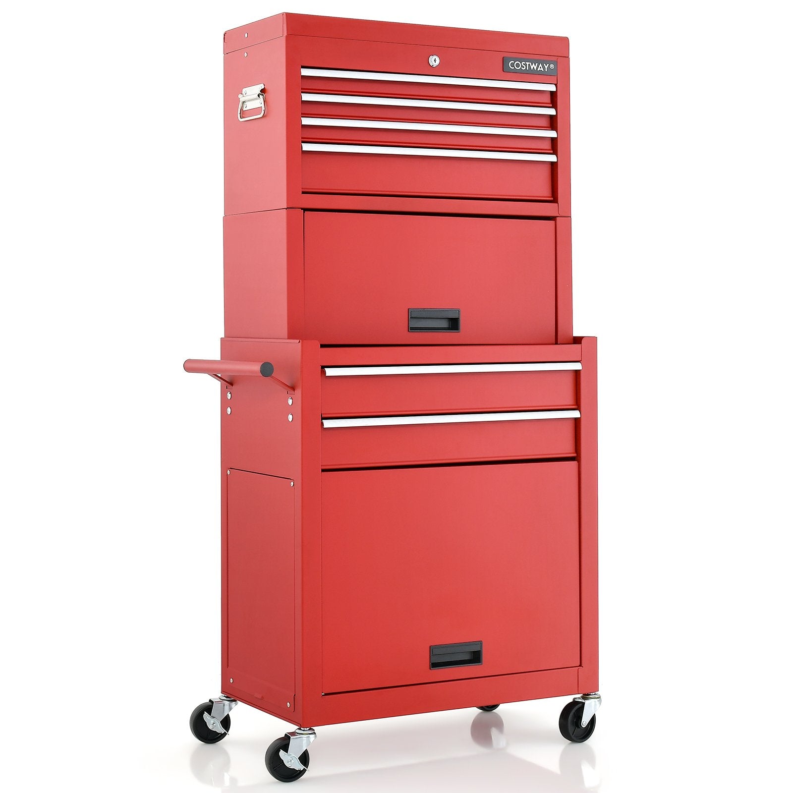 Lockable Tool Storage Cabinet with Handle, Drawers, Wheels and EVA Liner-Red &amp; Black