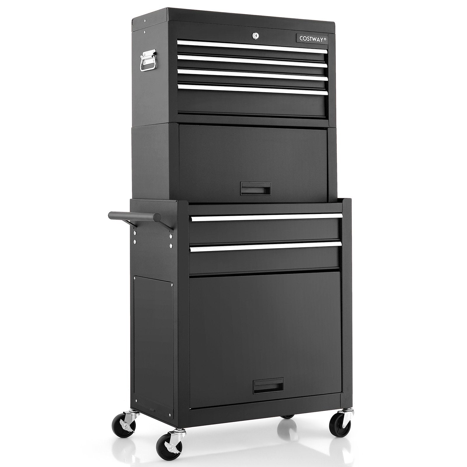 Lockable Tool Storage Cabinet with Handle, Drawers, Wheels and EVA Liner-Black
