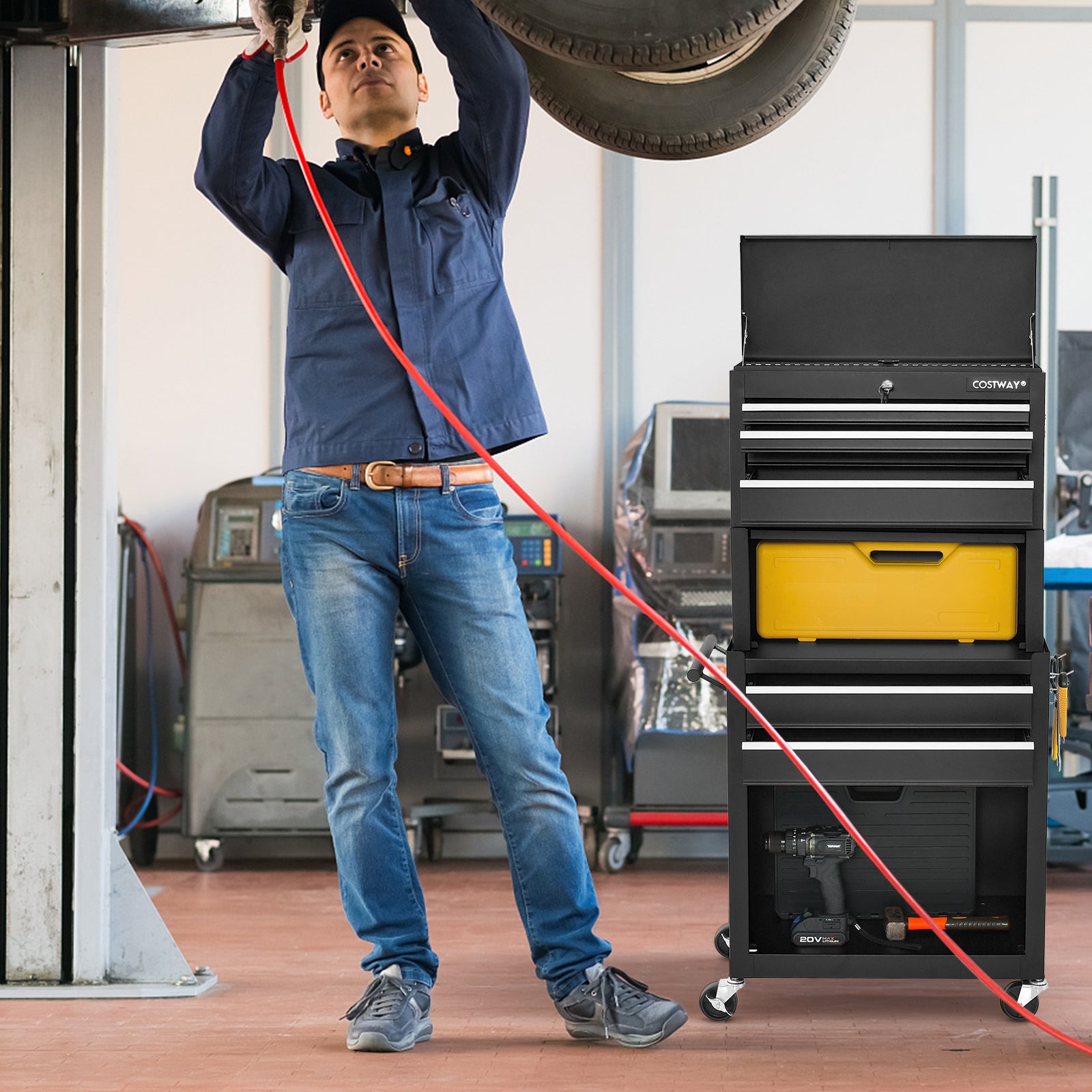 Lockable Tool Storage Cabinet with Handle, Drawers, Wheels and EVA Liner-Black