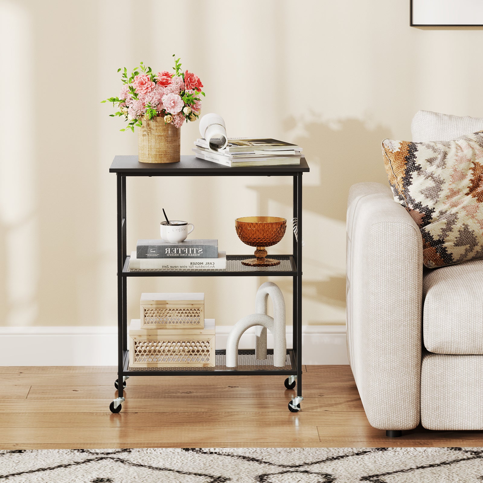 Lockable Trolley with Flexible Wheels, 2 Mesh Shelves and 5 Hanging Hooks-Black