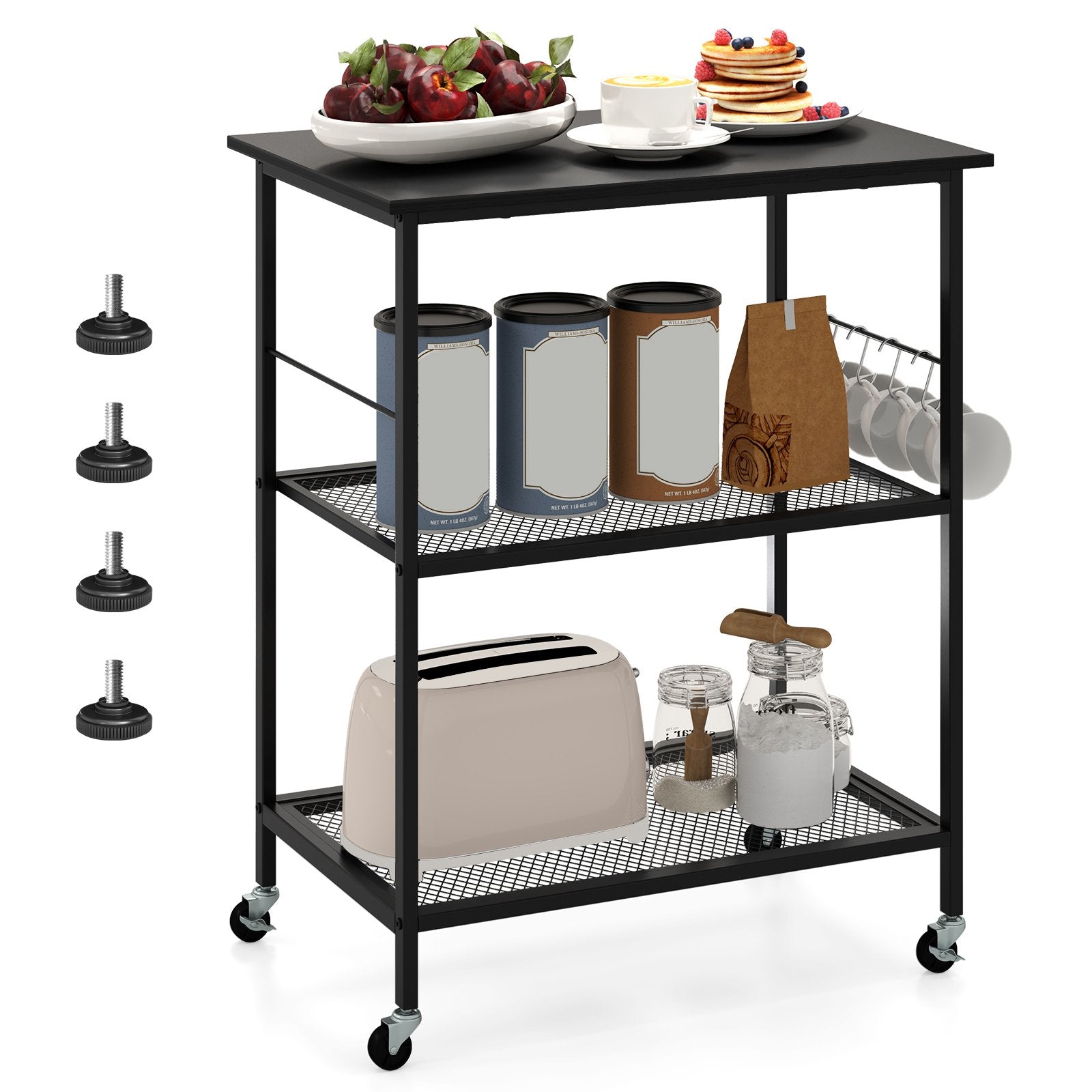Lockable Trolley with Flexible Wheels, 2 Mesh Shelves and 5 Hanging Hooks-Black