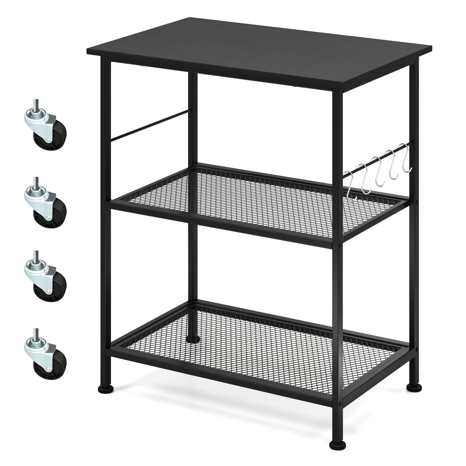 Lockable Trolley with Flexible Wheels, 2 Mesh Shelves and 5 Hanging Hooks-Black