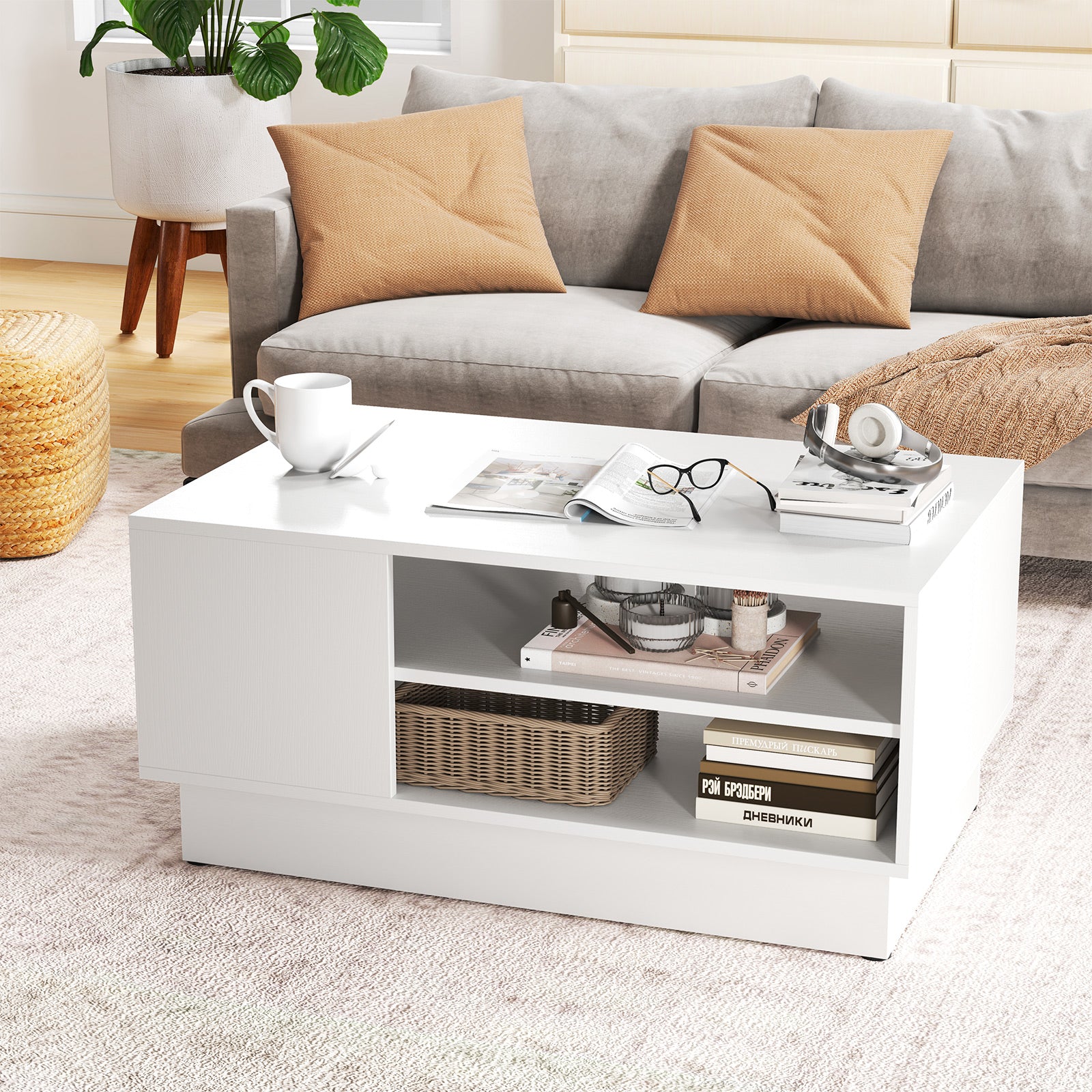 Modern Rectangle Coffee Table with 2-Tier Open Storage Shelves-White