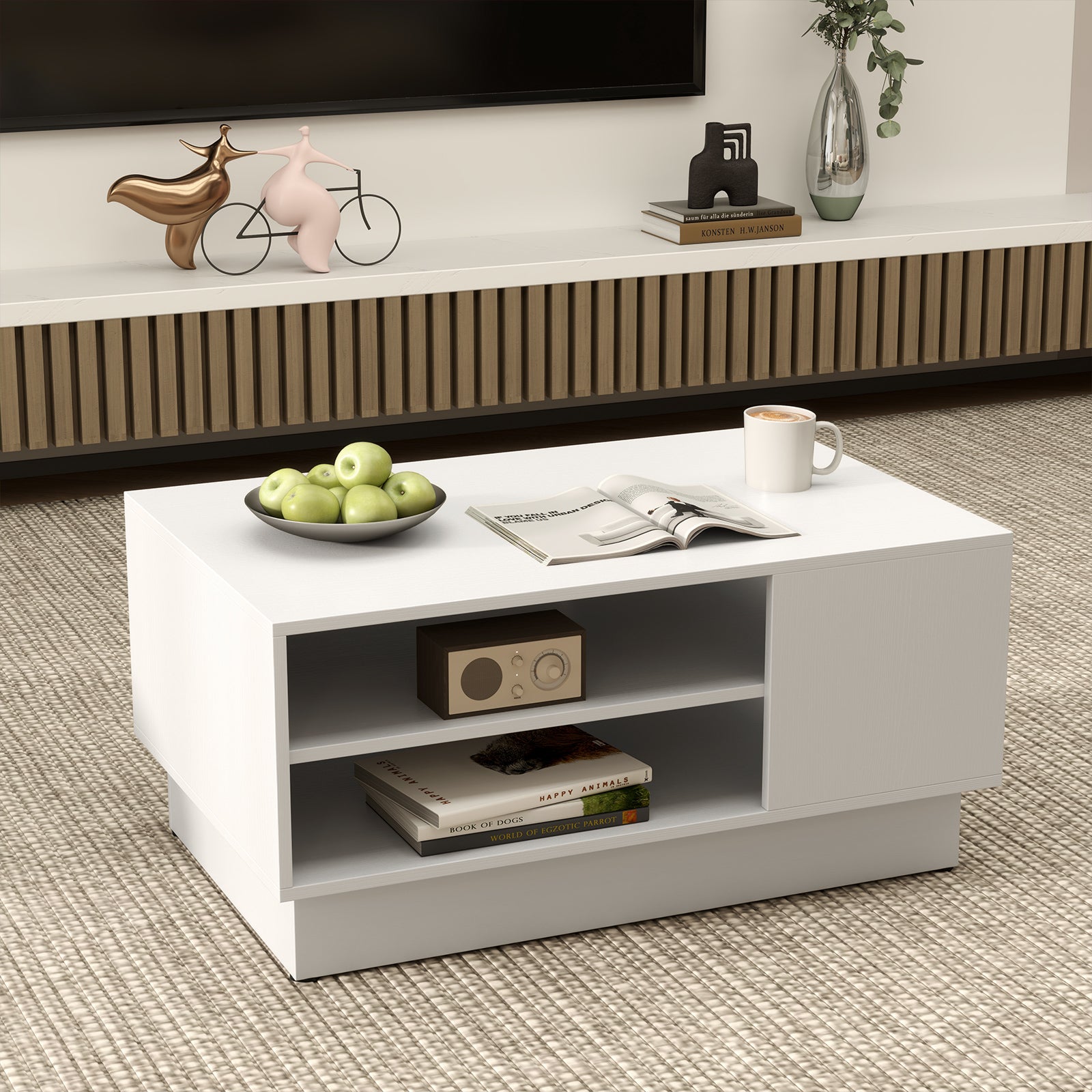 Modern Rectangle Coffee Table with 2-Tier Open Storage Shelves-White