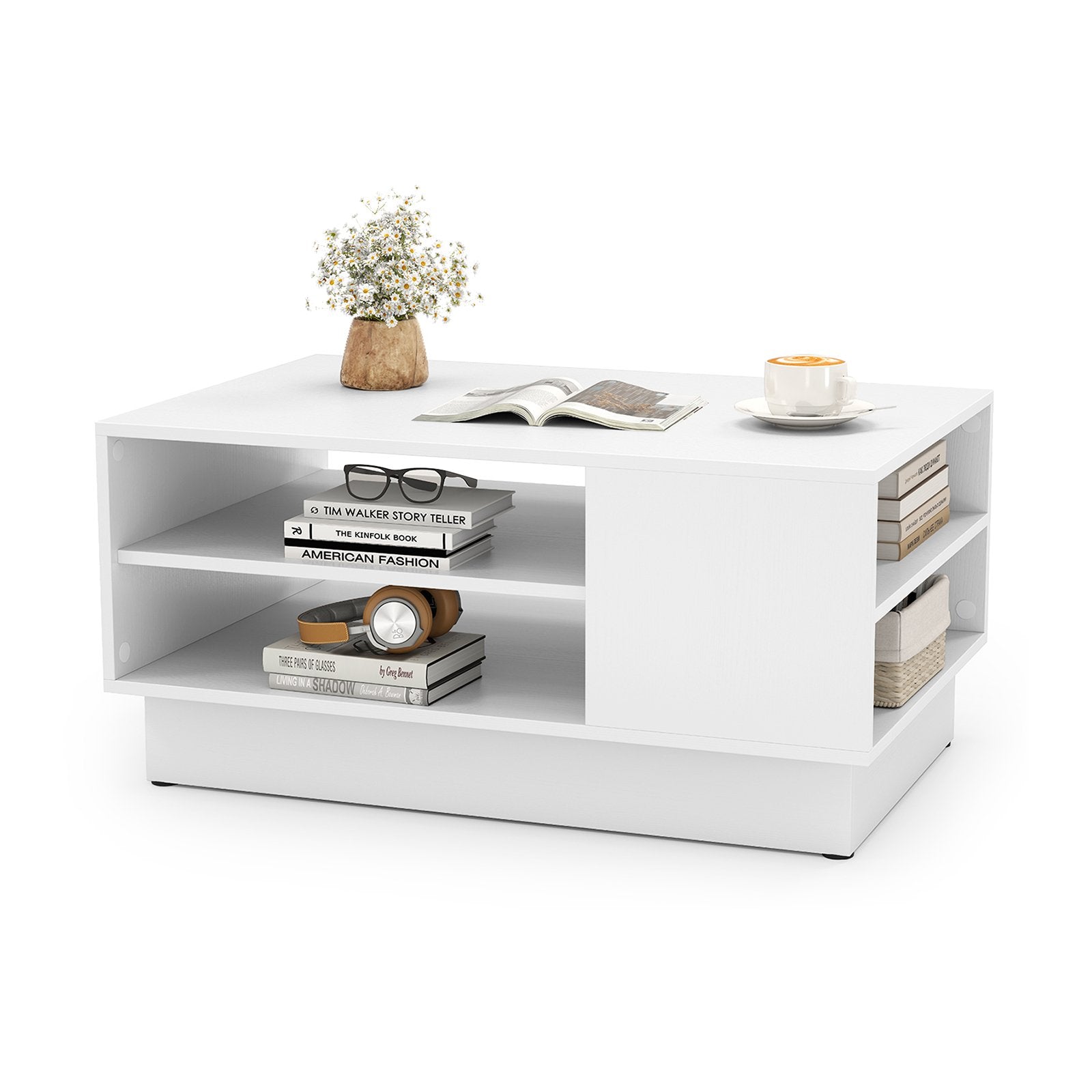 Modern Rectangle Coffee Table with 2-Tier Open Storage Shelves-White