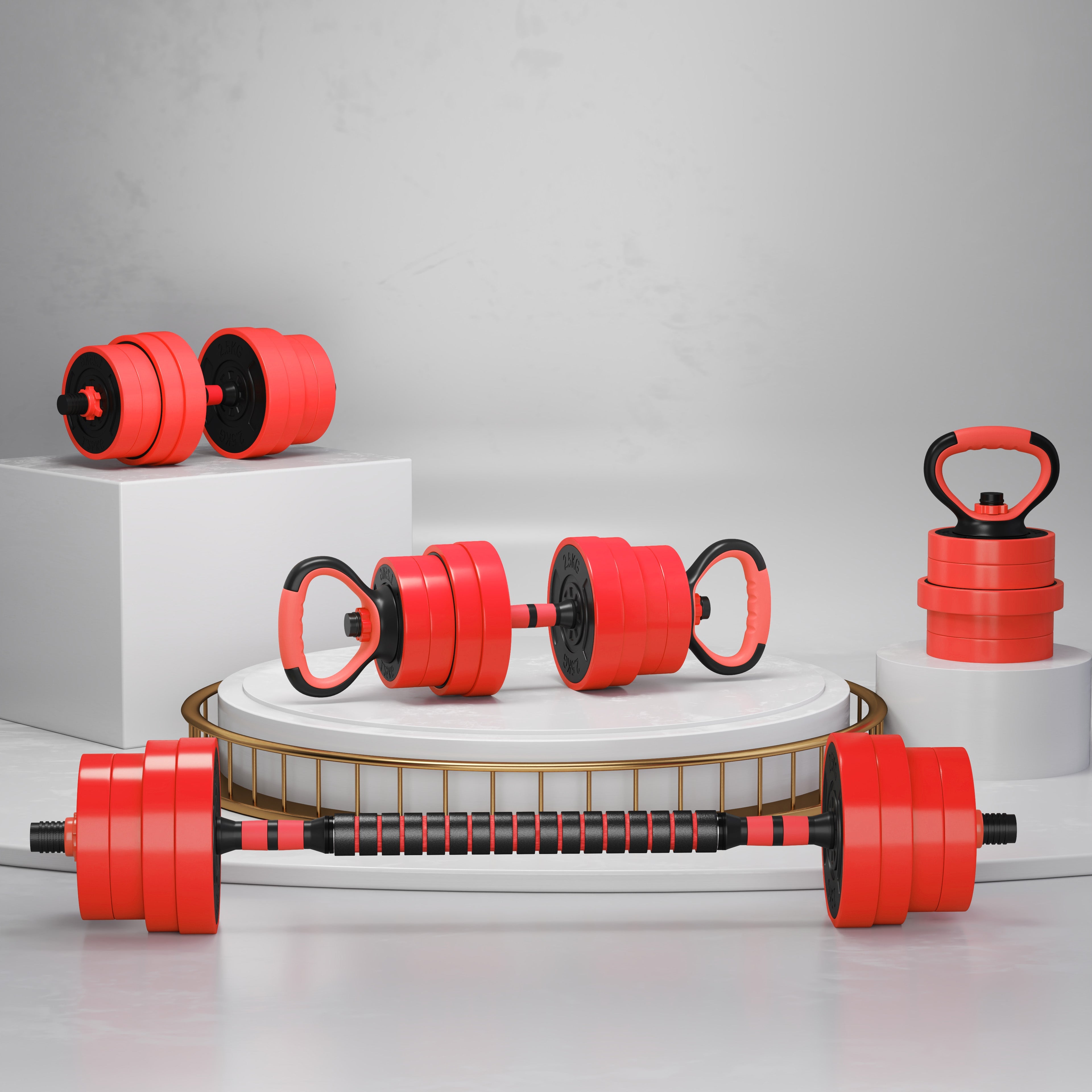 SPORTNOW 30kg Four-In-One Adjustable Weight Dumbbells Set, Barbell, Kettlebell, Push Up Stand - Red