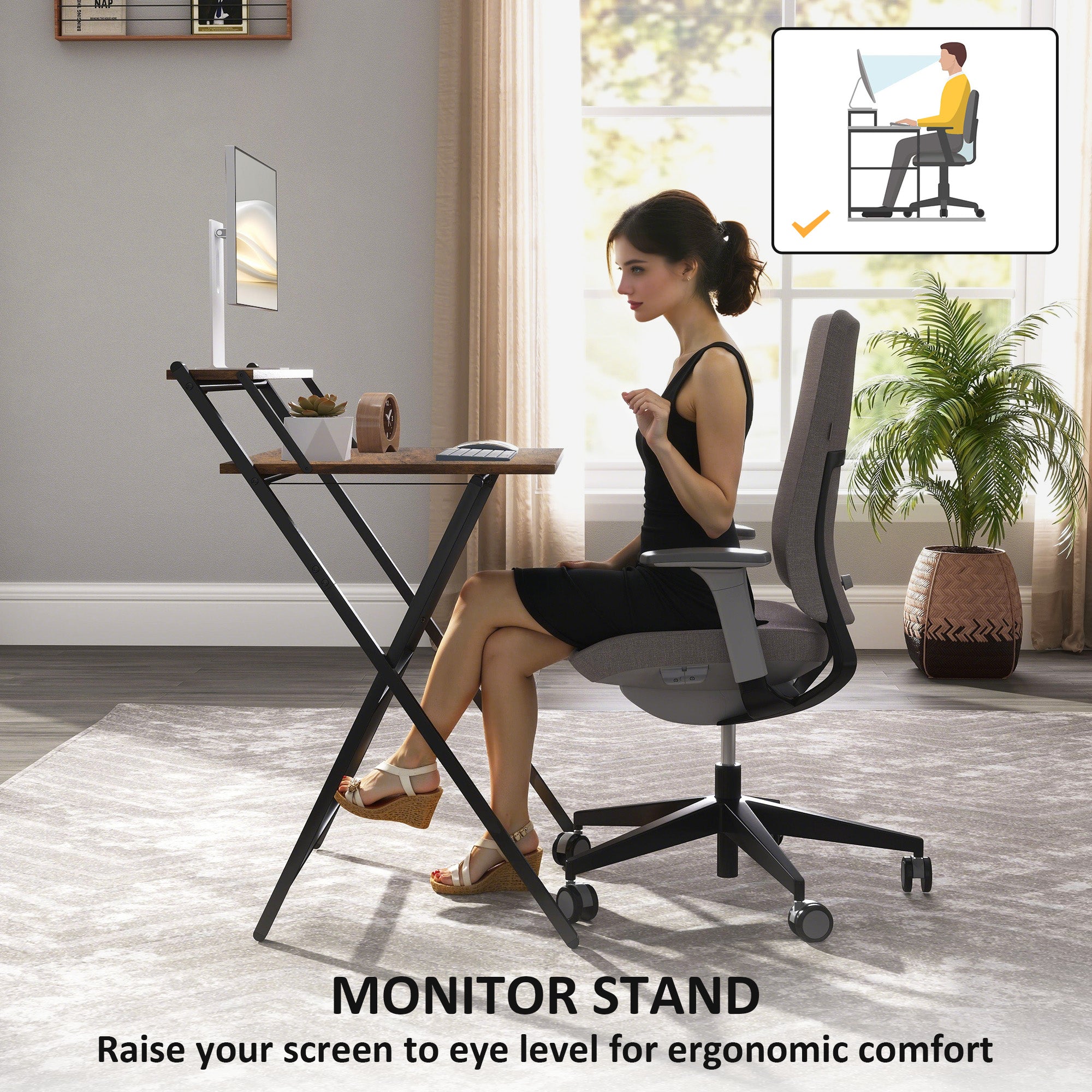 HOMCOM 70 cm Folding Computer Desk with Monitor Shelf - Rustic Brown