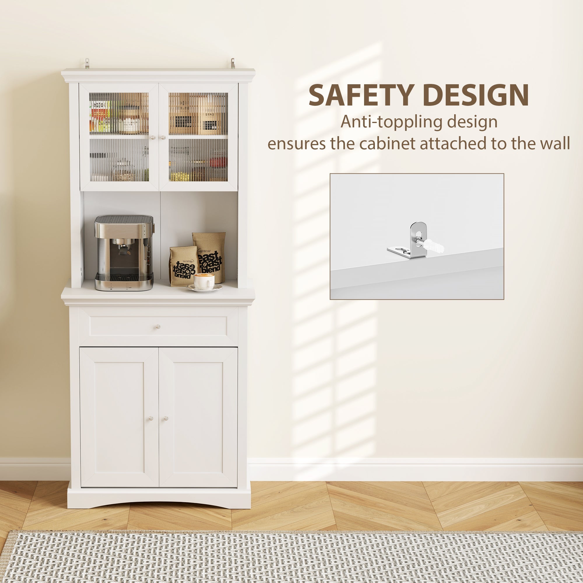 HOMCOM 4-Door Kitchen Cupboard with Drawer, Freestanding Kitchen Cabinet with Glass Doors, Adjustable Shelves and Open Counter, White