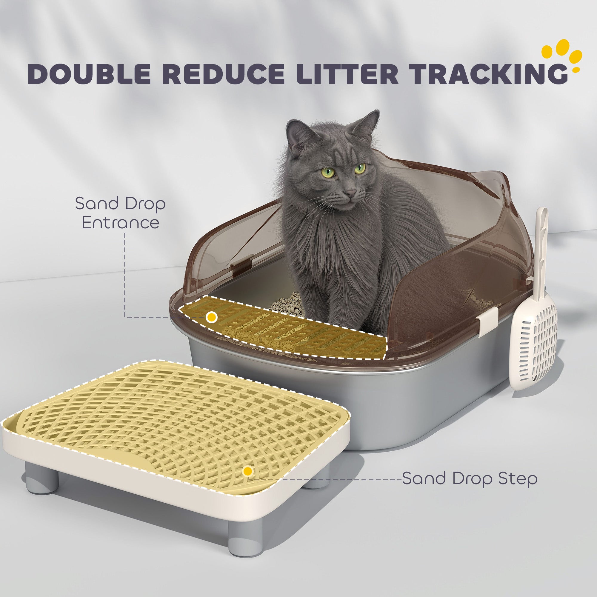 PawHut Stainless Steel Litter Box with Lid, High Wall Sided Enclosure, Pedal, Scoop, Non-Sticky, Anti-Leakage, Easy Cleaning