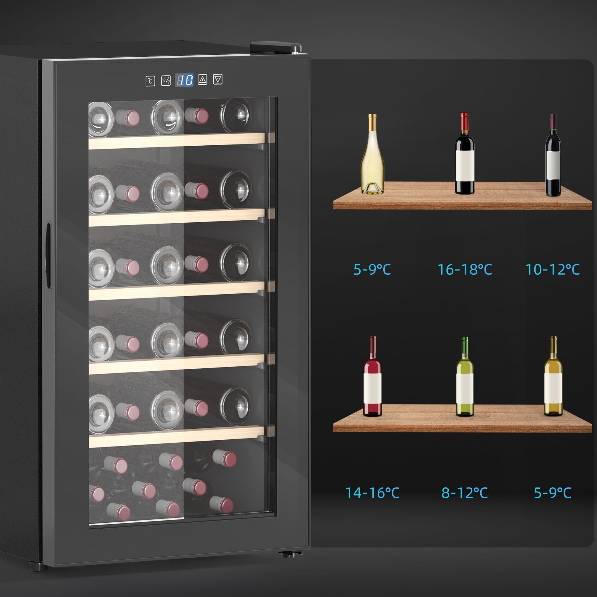 HOMCOM 41 Bottle Wine Fridge, 91 Litre Capacity, 45cm Freestanding Wine Cooler Fridge with Glass Door, LED Light, Digital Touch Screen, Temperature Control, Black