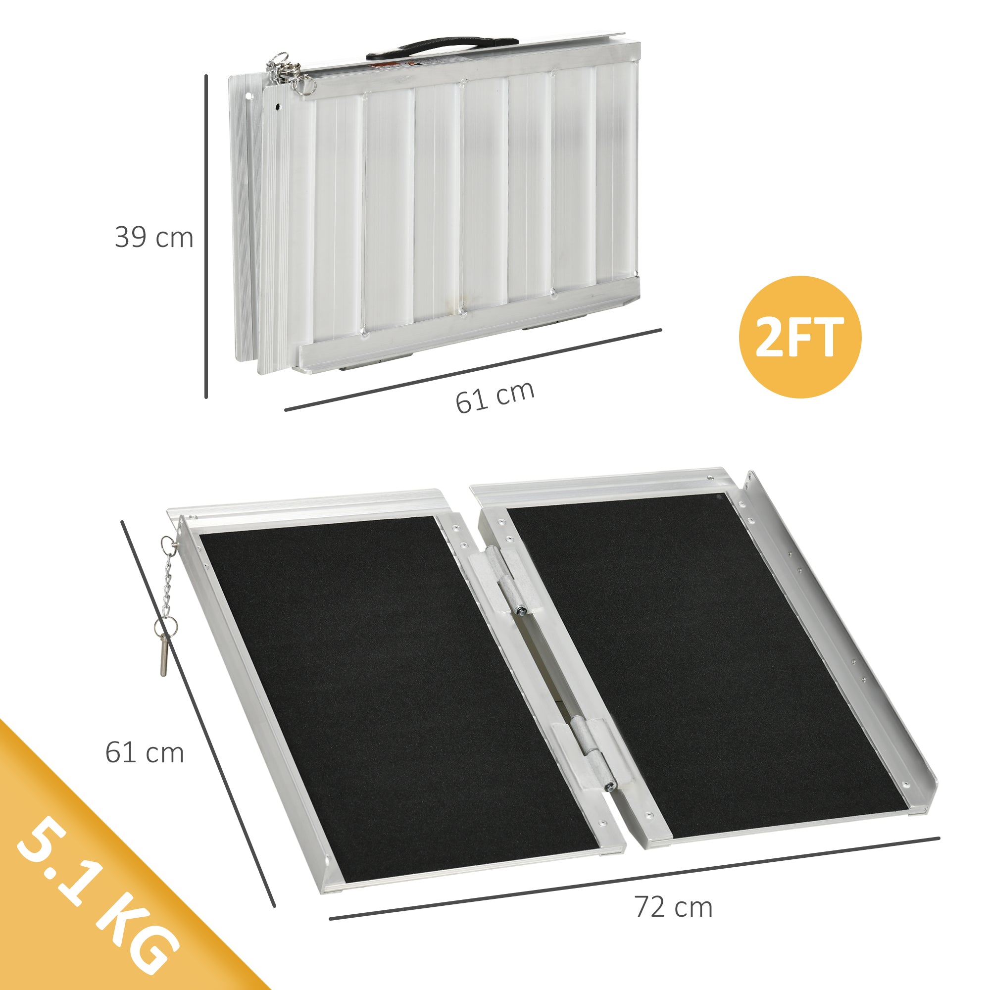 HOMCOM 2ft Aluminium Duo Wheelchair Ramp Pushchair Mobility Assistance Folding w/ Carry Handle Locking Chain Portable 61L x 72W cm