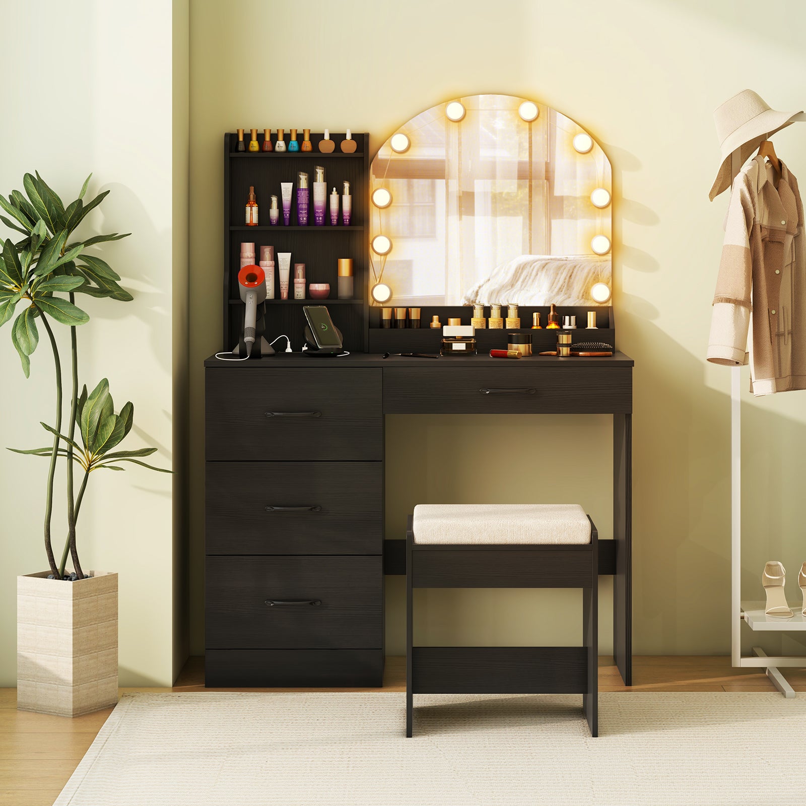 Makeup Vanity Desk with Mirror and Lights Dressing Table and Stool Set-Black