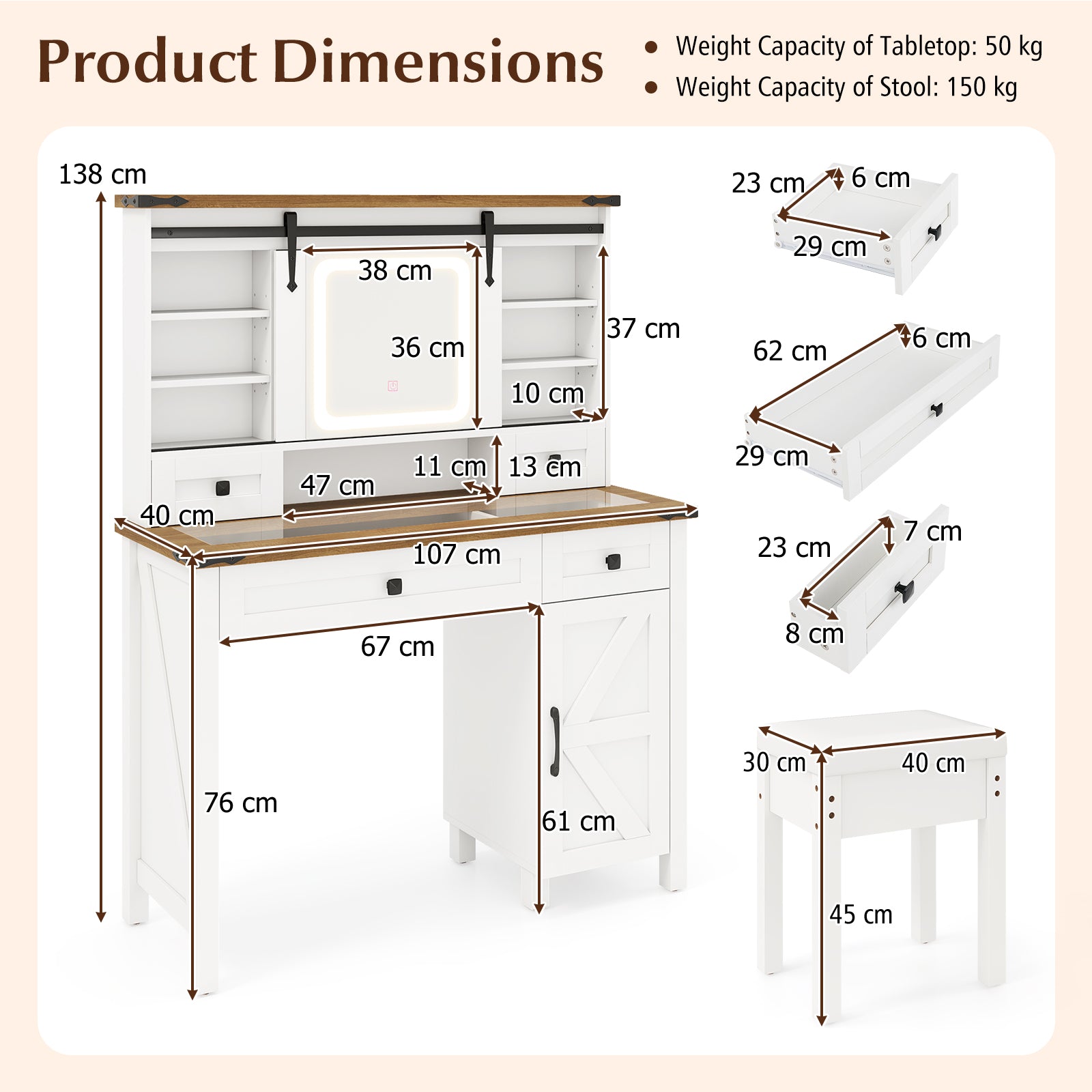 Makeup Vanity Desk and Stool Set with Sliding Mirror and Cabinet-White