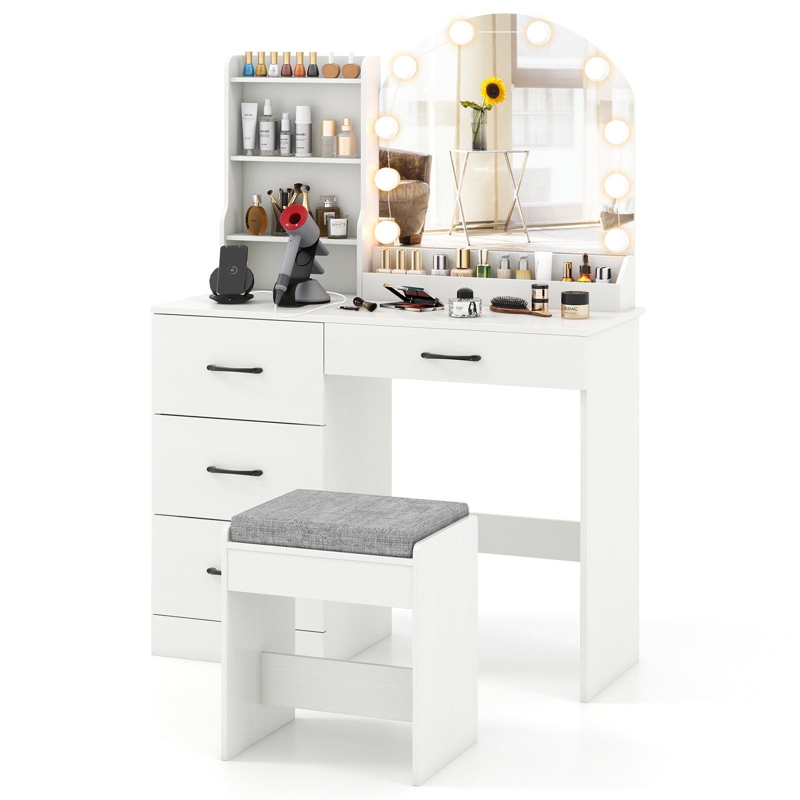Makeup Vanity Desk with Mirror and Lights Dressing Table and Stool Set-White