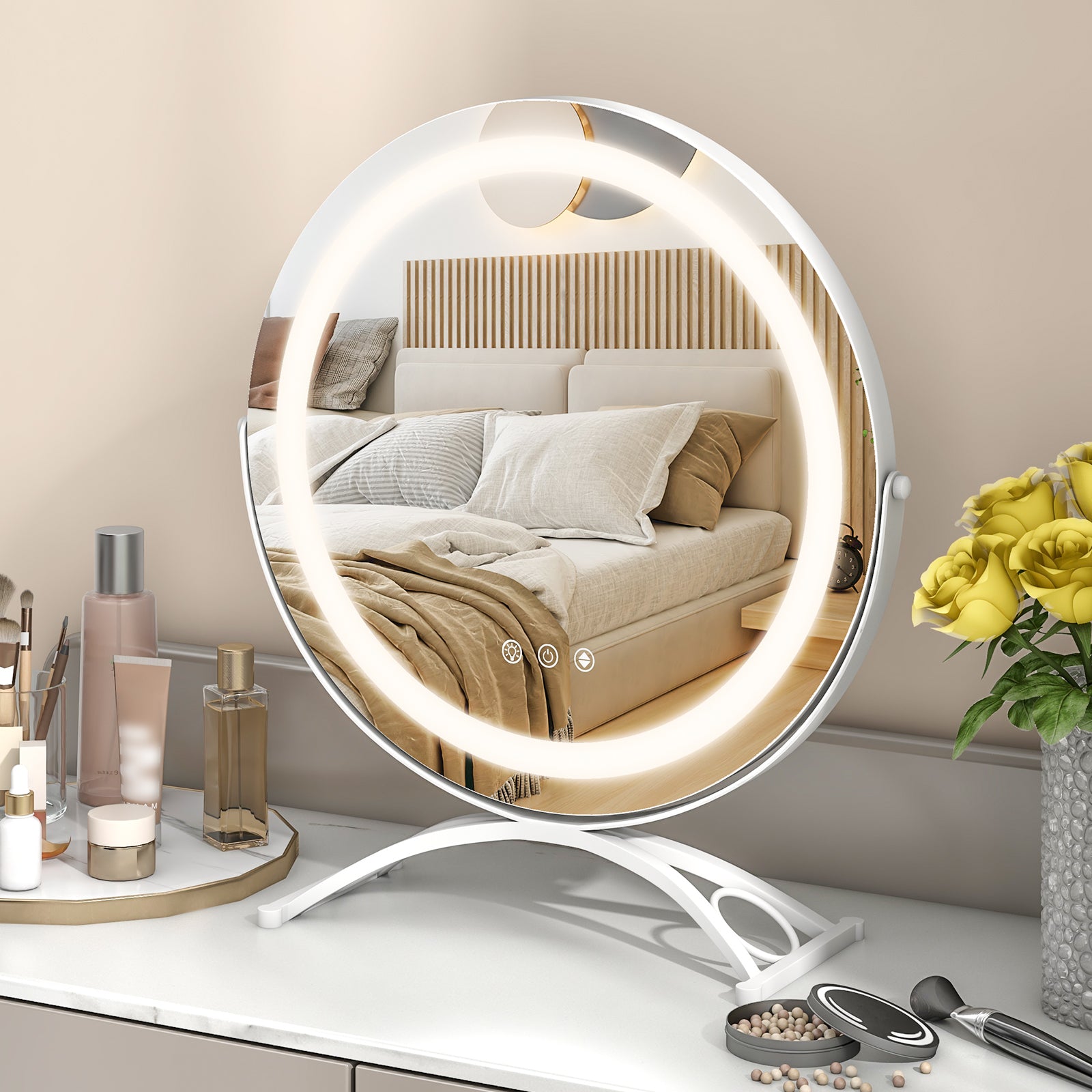 Makeup Vanity Mirror with Lights and Touch Screen with 360-Degree Rotation-White