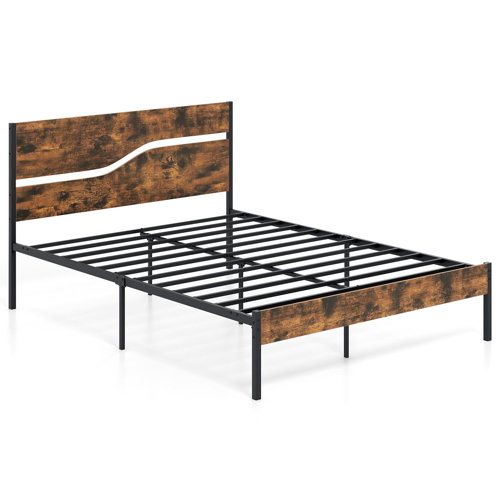Single/Double/King Metal Bed Frame with Wooden Headboard and Footboard-Rustic Brown-King size