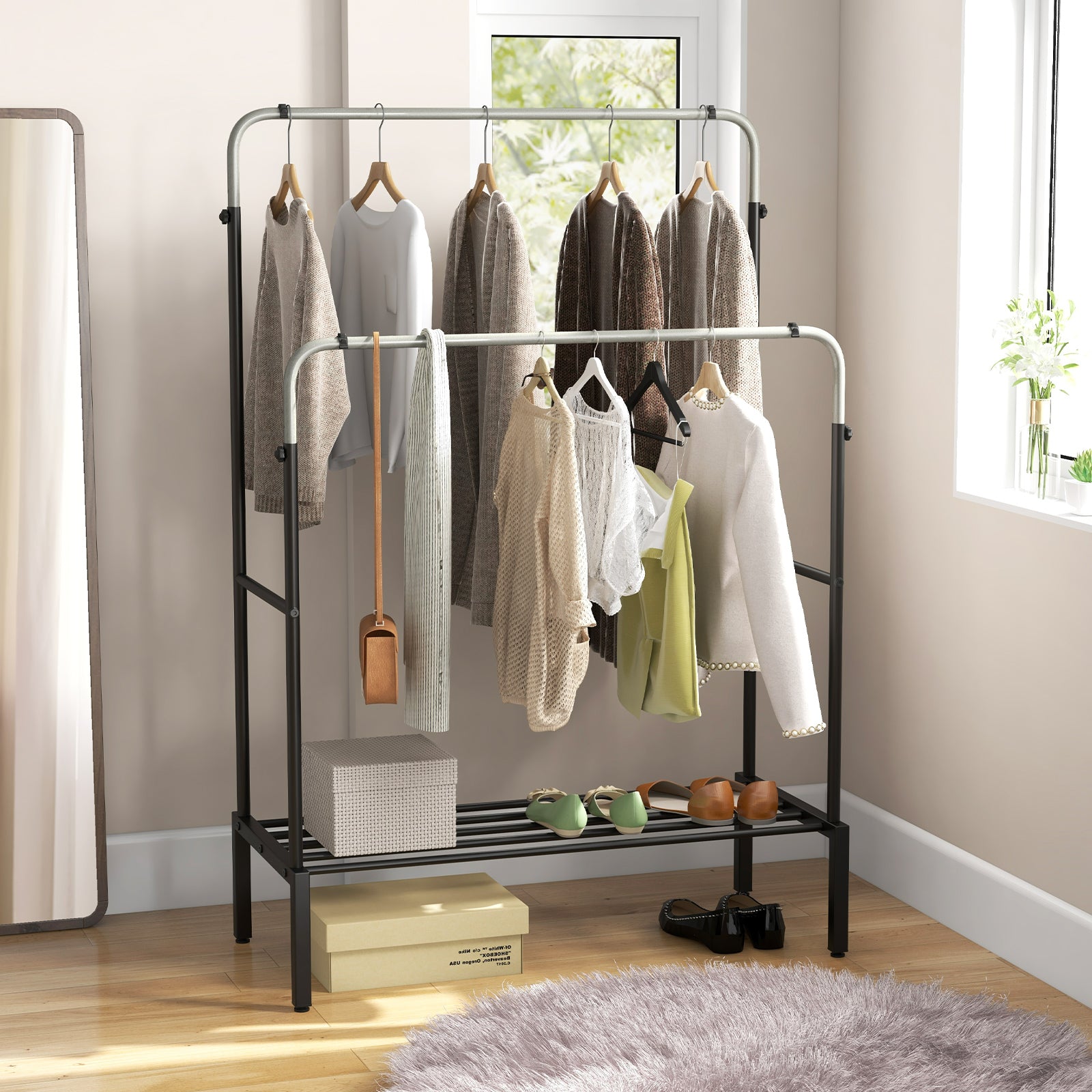 Metal Clothes Stand Rack with 2 Rods and Shoe Shelf-Silver