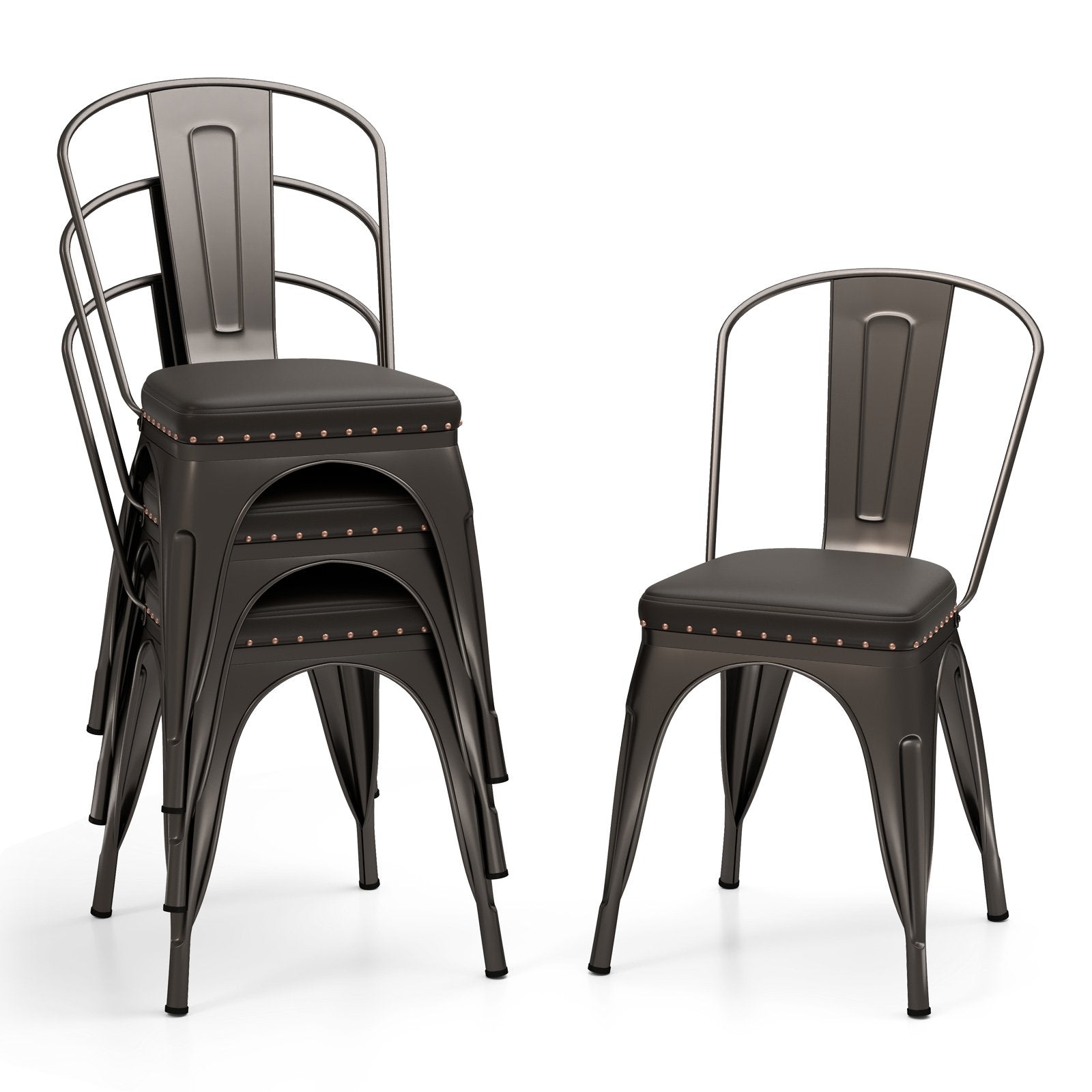 Metal Dining Chair Set of 4 with Removable Backs and PU Leather Cushioned Seat-Brown