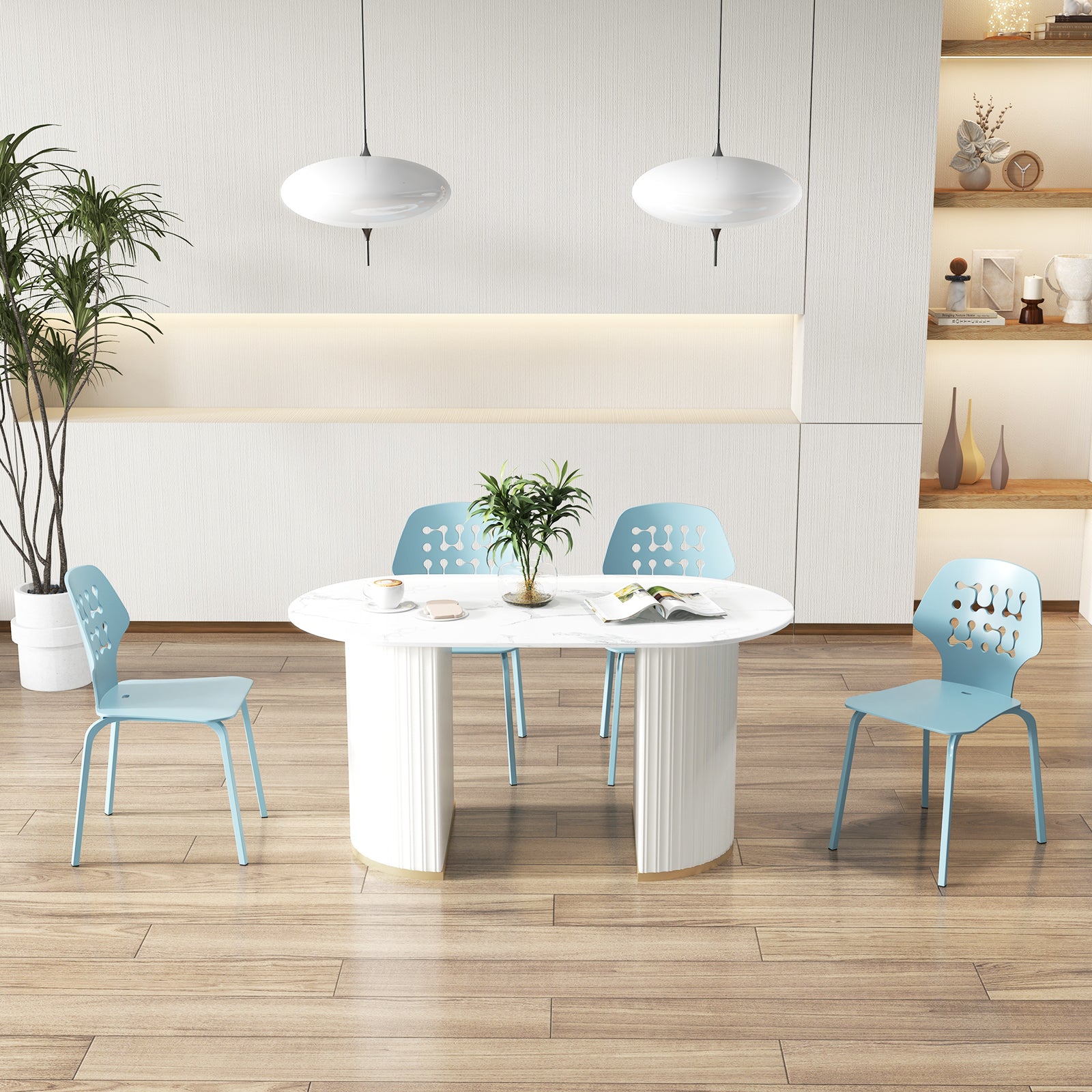 Metal Dining Chair Set of 4 with Hollowed Backrest and Metal Legs-Blue