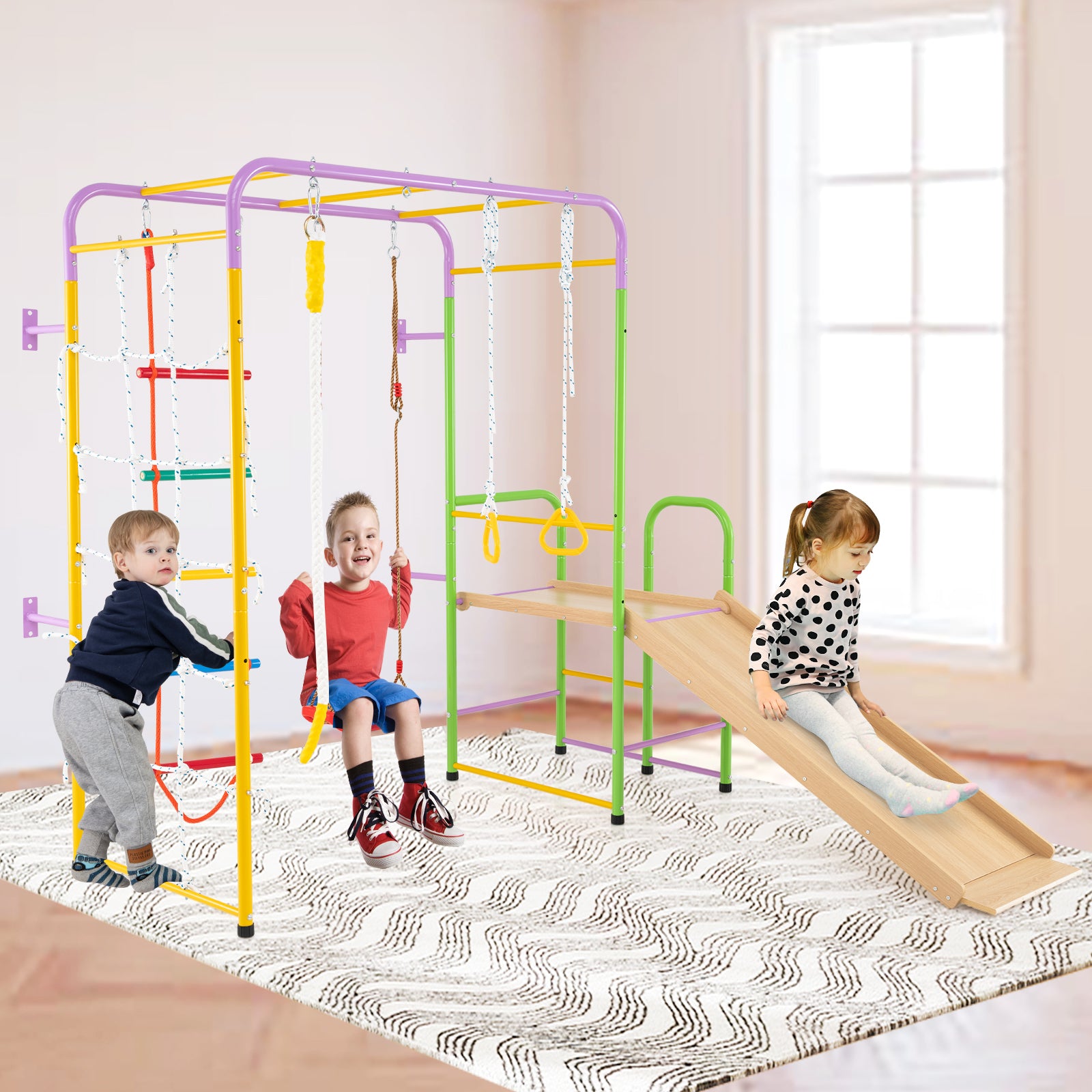 Metal Indoor Jungle Gym 8-in-1 Climbing Playset for Ages 3+-Colourful