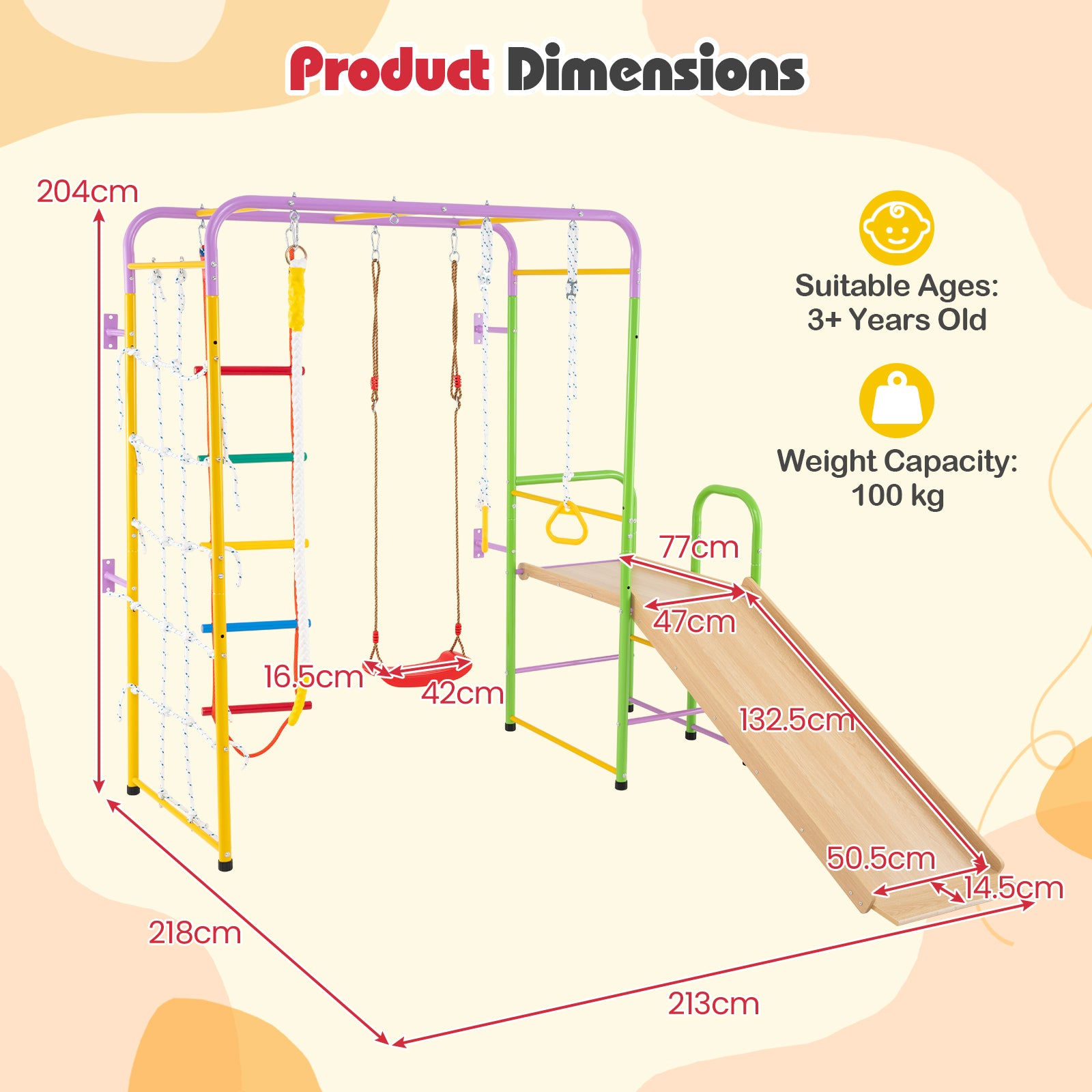 Metal Indoor Jungle Gym 8-in-1 Climbing Playset for Ages 3+-Colourful