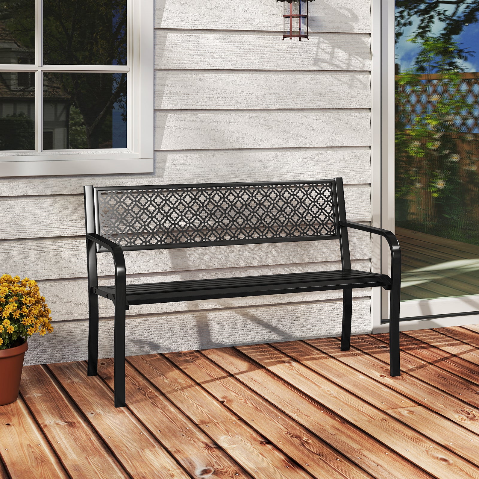 Metal Outdoor Garden Patio Bench with Geometric Lattice Backrest-Black