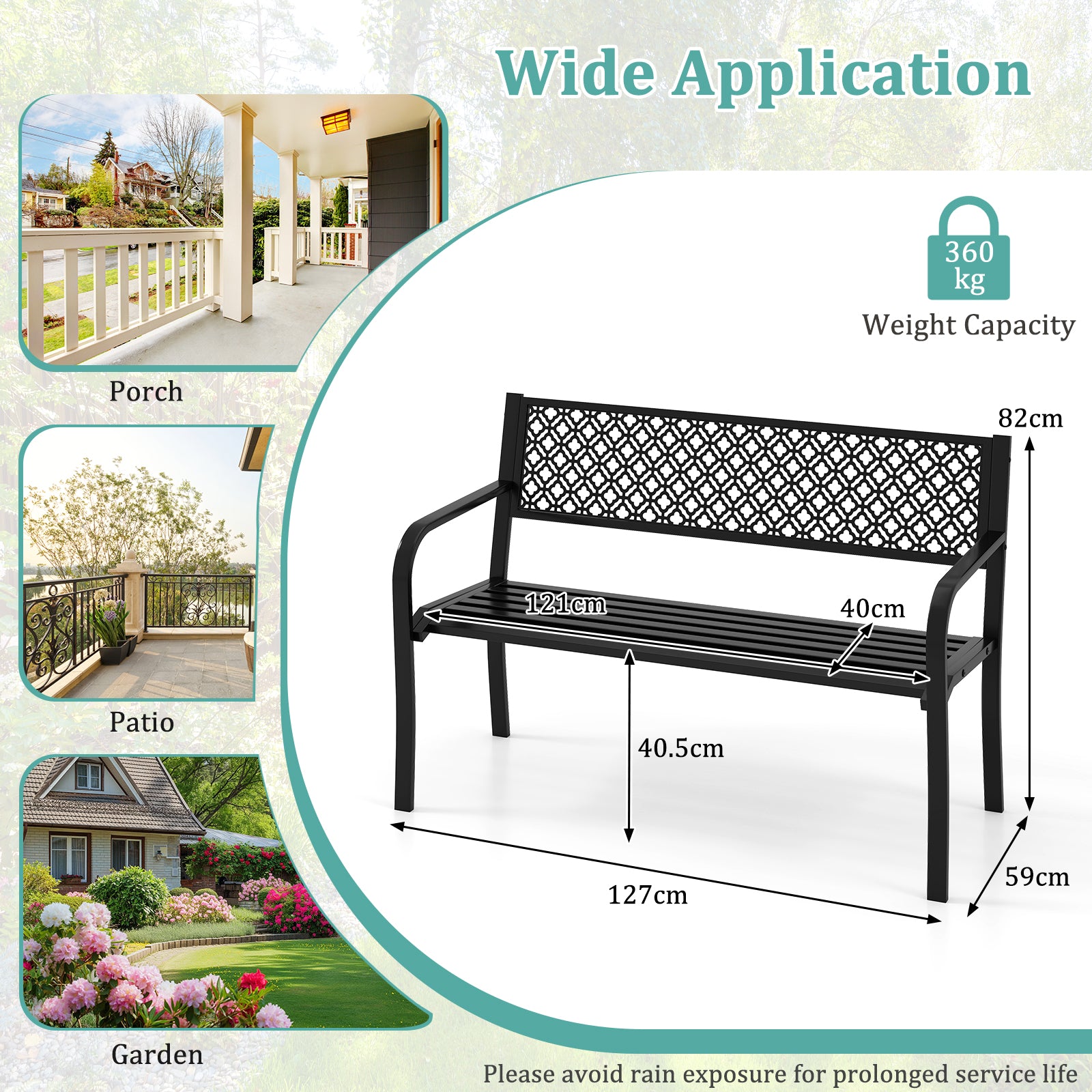 Metal Outdoor Garden Patio Bench with Geometric Lattice Backrest-Black