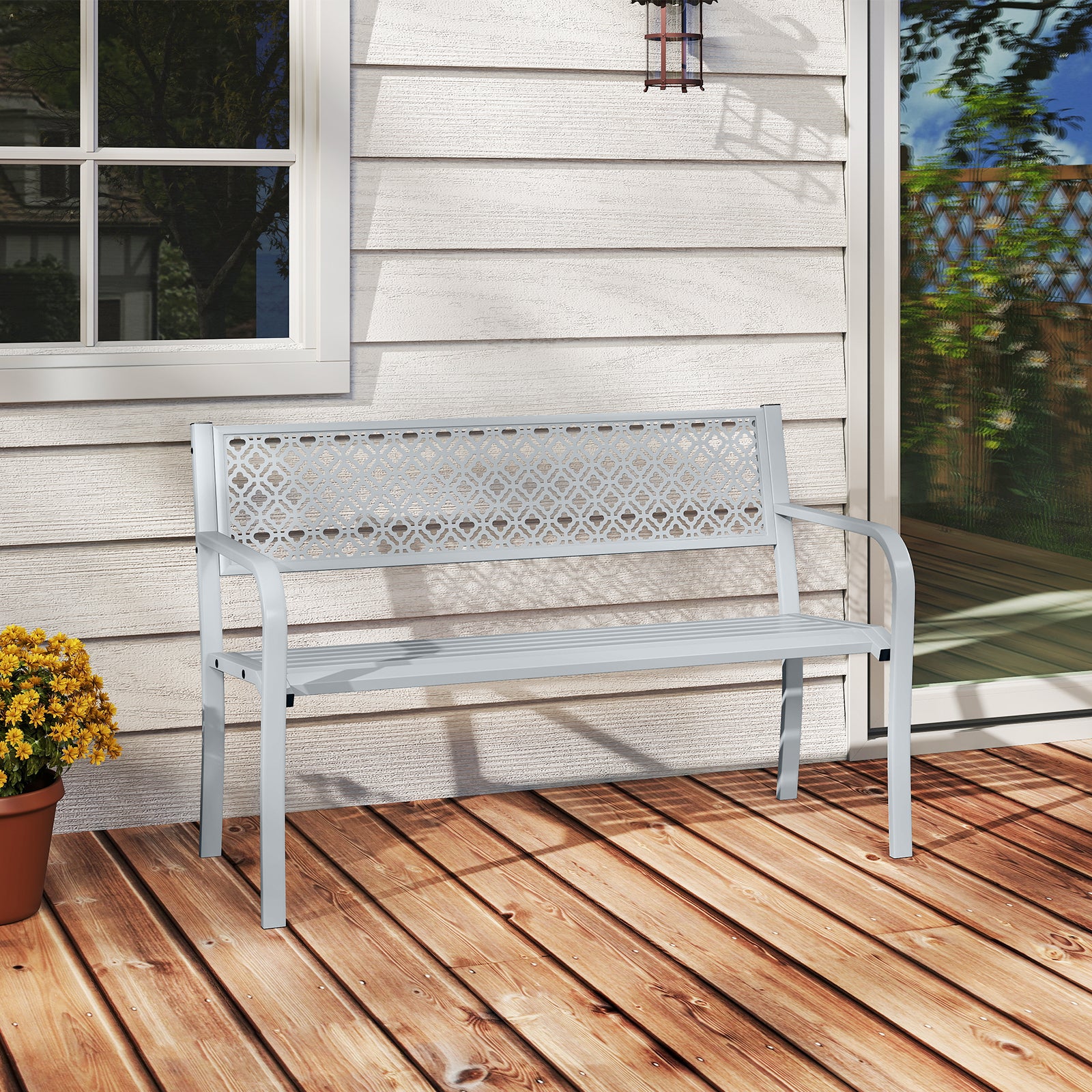 Metal Outdoor Garden Patio Bench with Geometric Lattice Backrest-Grey