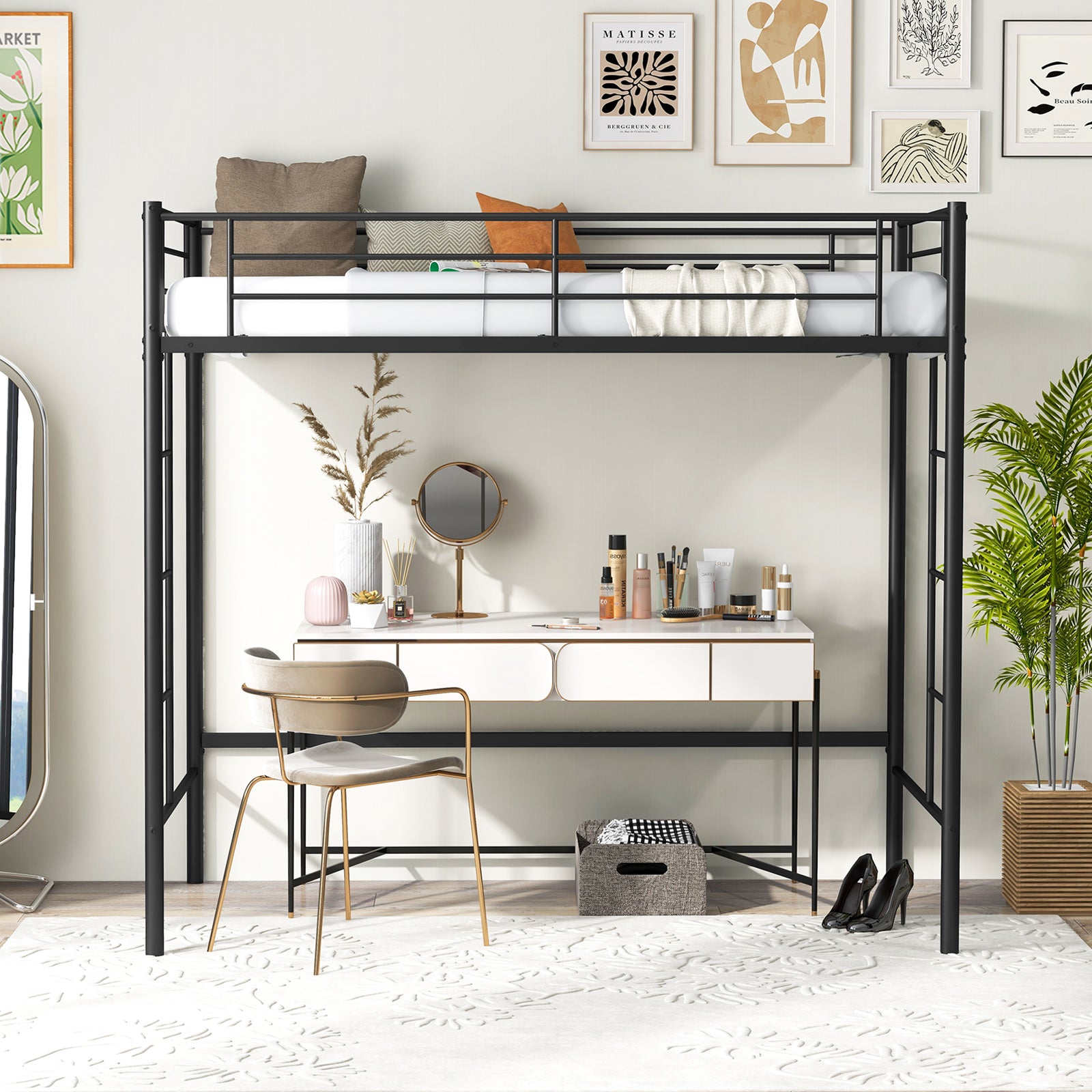 Metal Space-saving Loft Bed Frame with Full-length Safety Guardrail-Black