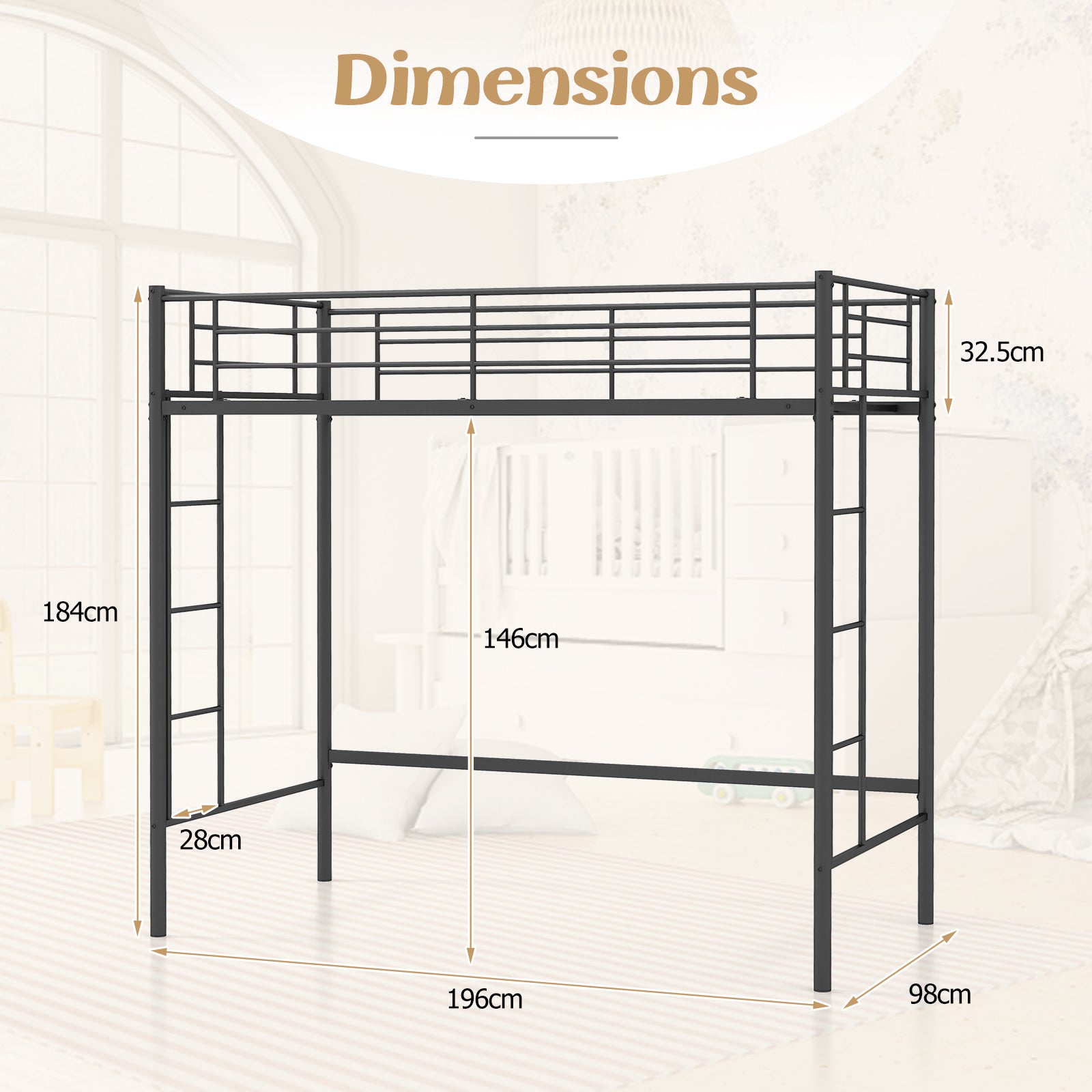 Metal Space-saving Loft Bed Frame with Full-length Safety Guardrail-Black