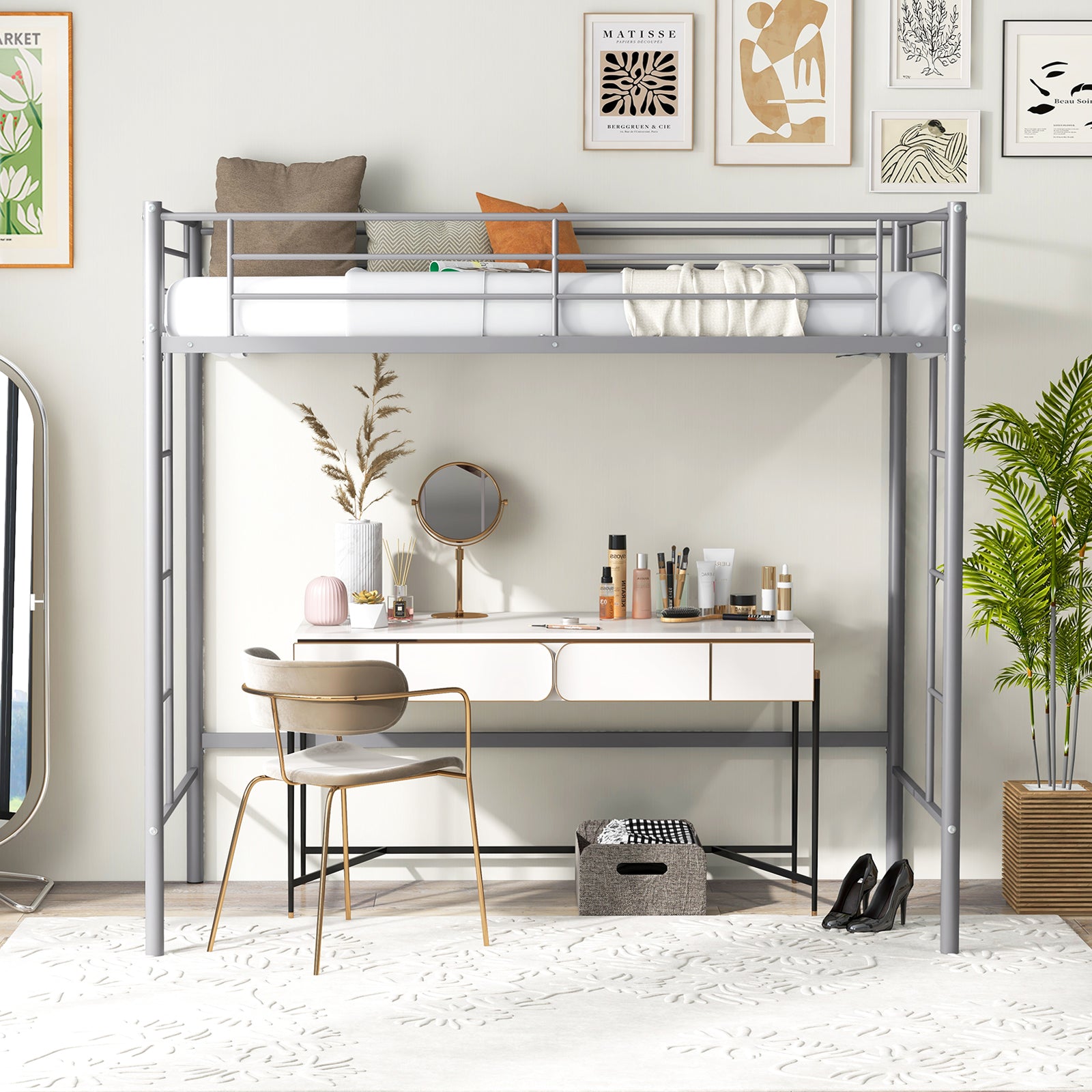 Metal Space-saving Loft Bed Frame with Full-length Safety Guardrail-Silver