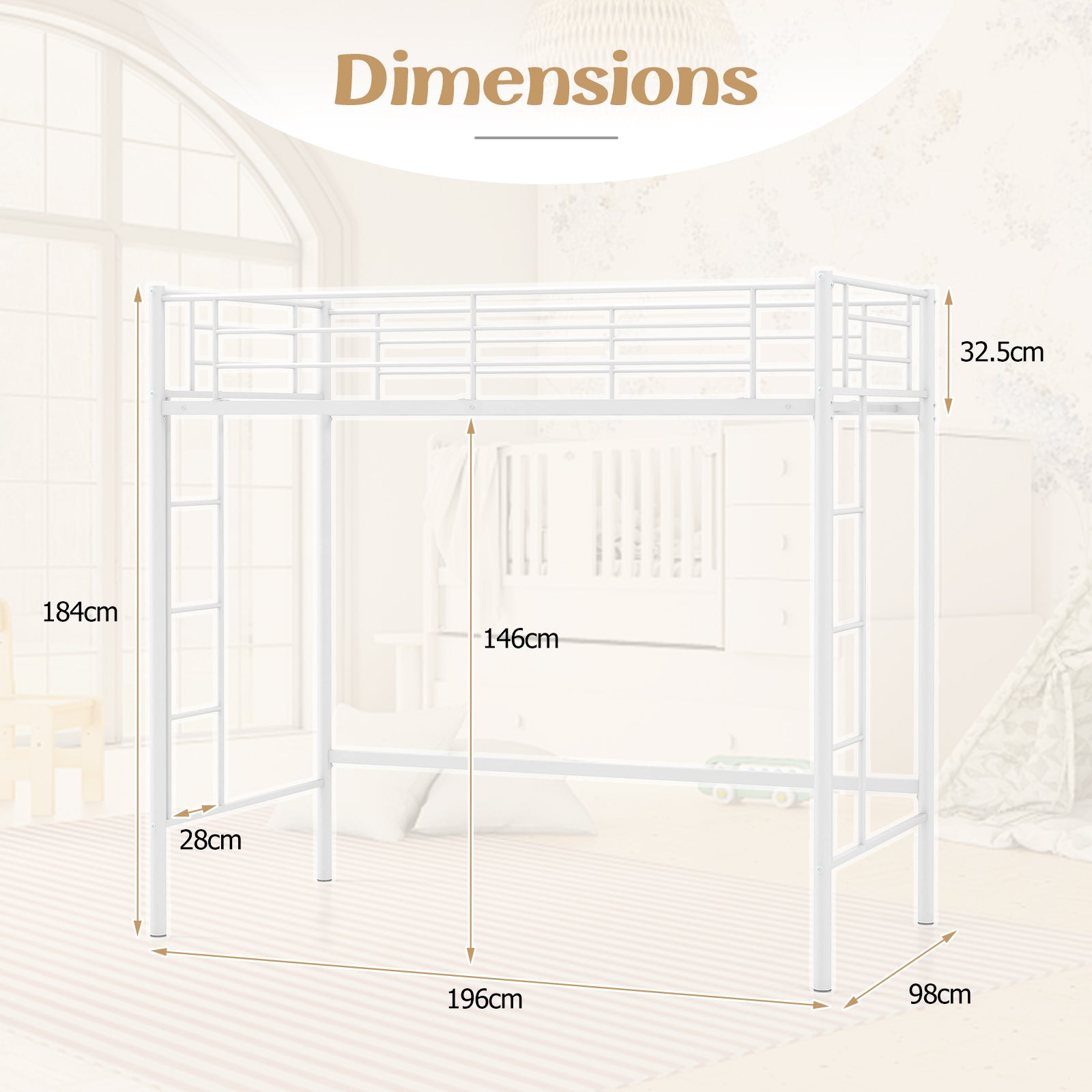 Metal Space-saving Loft Bed Frame with Full-length Safety Guardrail-White