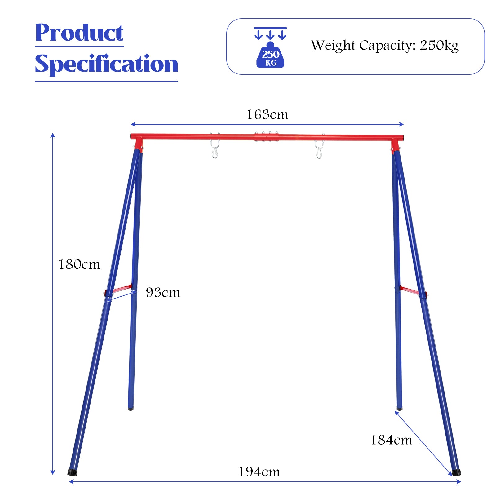 Metal Swing Frame with Ground Stakes and Carabiners-Blue &amp; Red