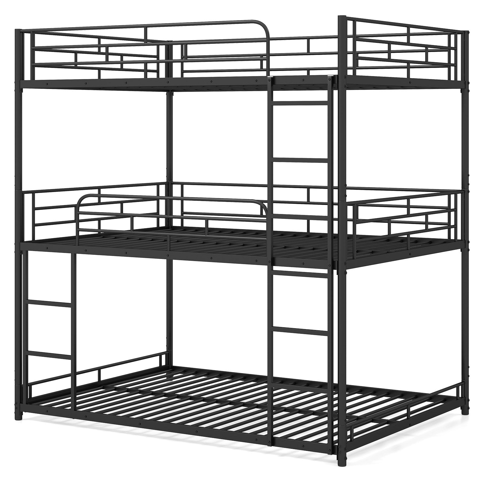Metal Triple Bunk Bed with Safety Guardrails and 2 Ladders-Black