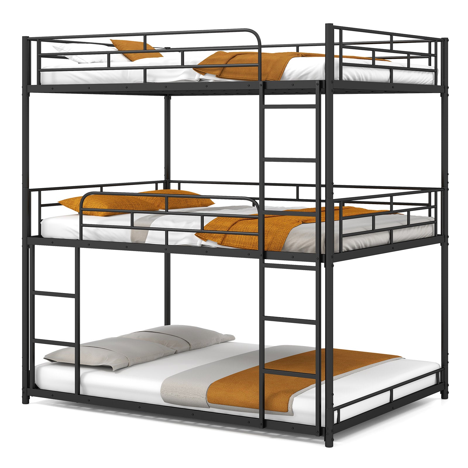 Metal Triple Bunk Bed with Safety Guardrails and 2 Ladders-Black