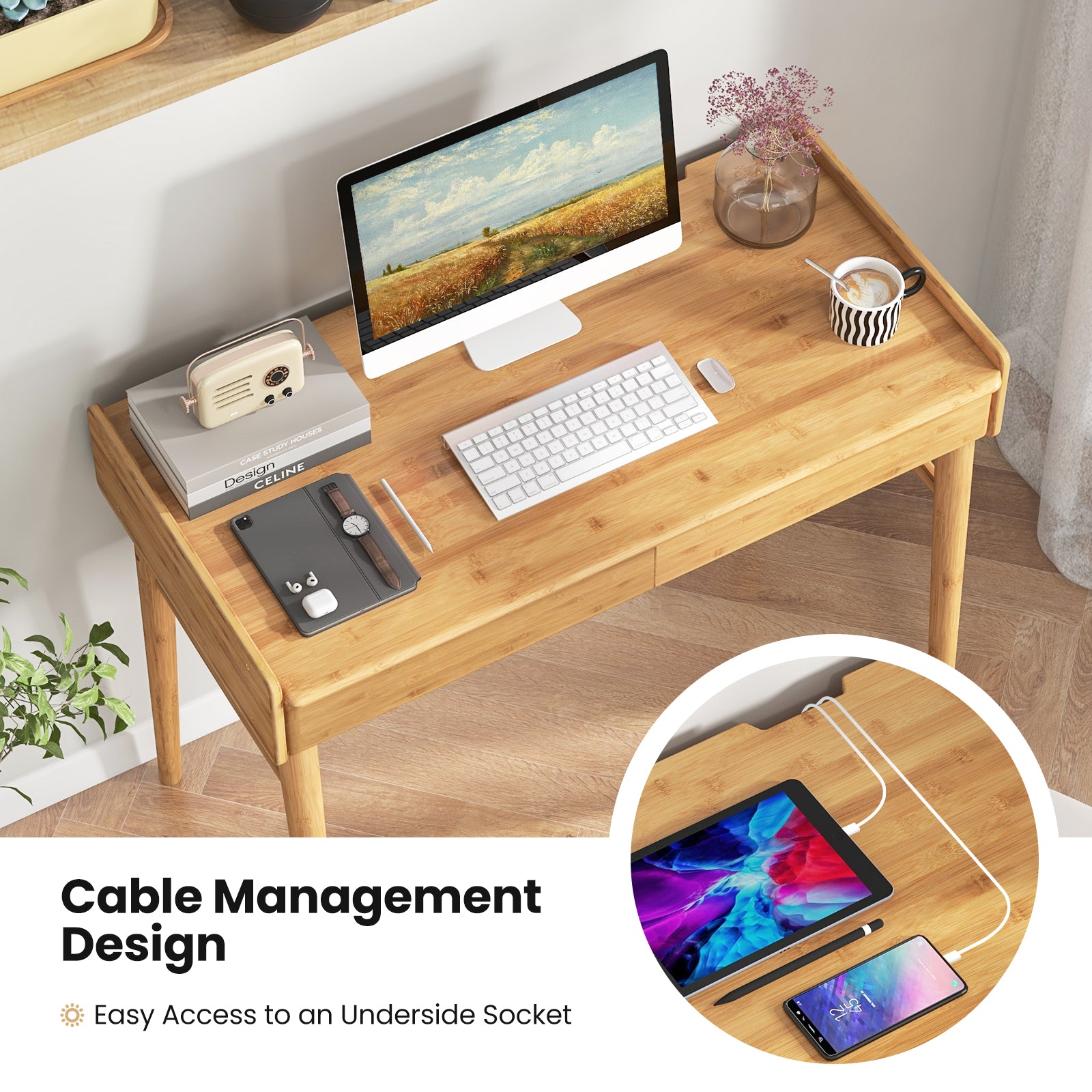 Mid Century Modern Bamboo Computer Desk-Natural