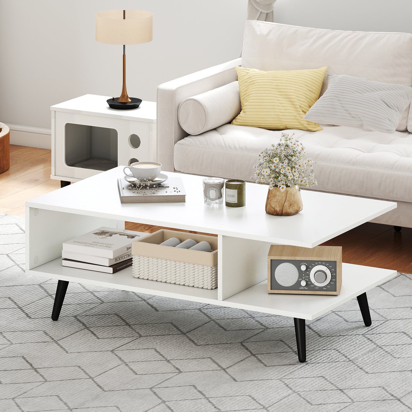 Mid Century Modern Coffee Table 2-Tier Accent Table with 2 Open Compartments-White