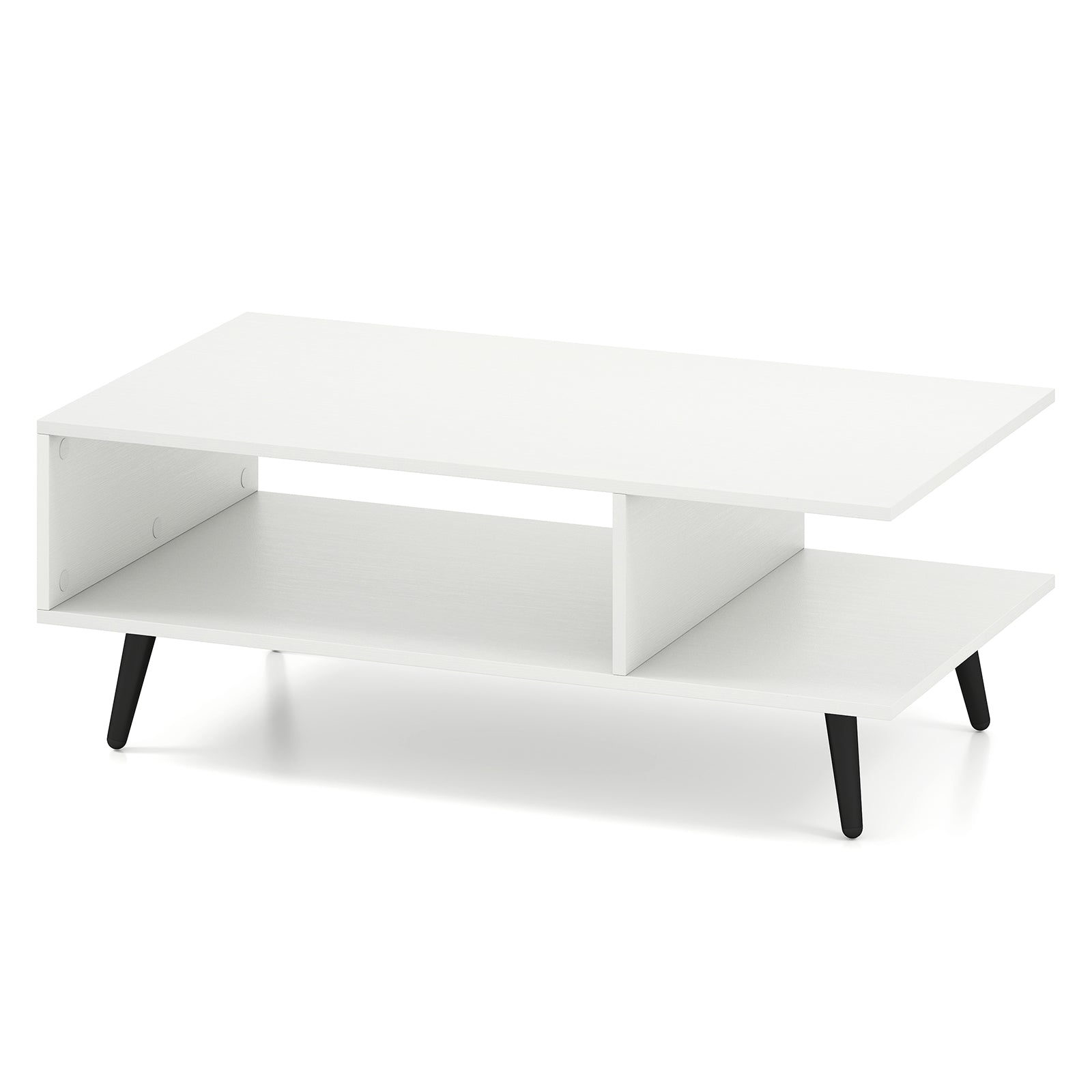 Mid Century Modern Coffee Table 2-Tier Accent Table with 2 Open Compartments-White