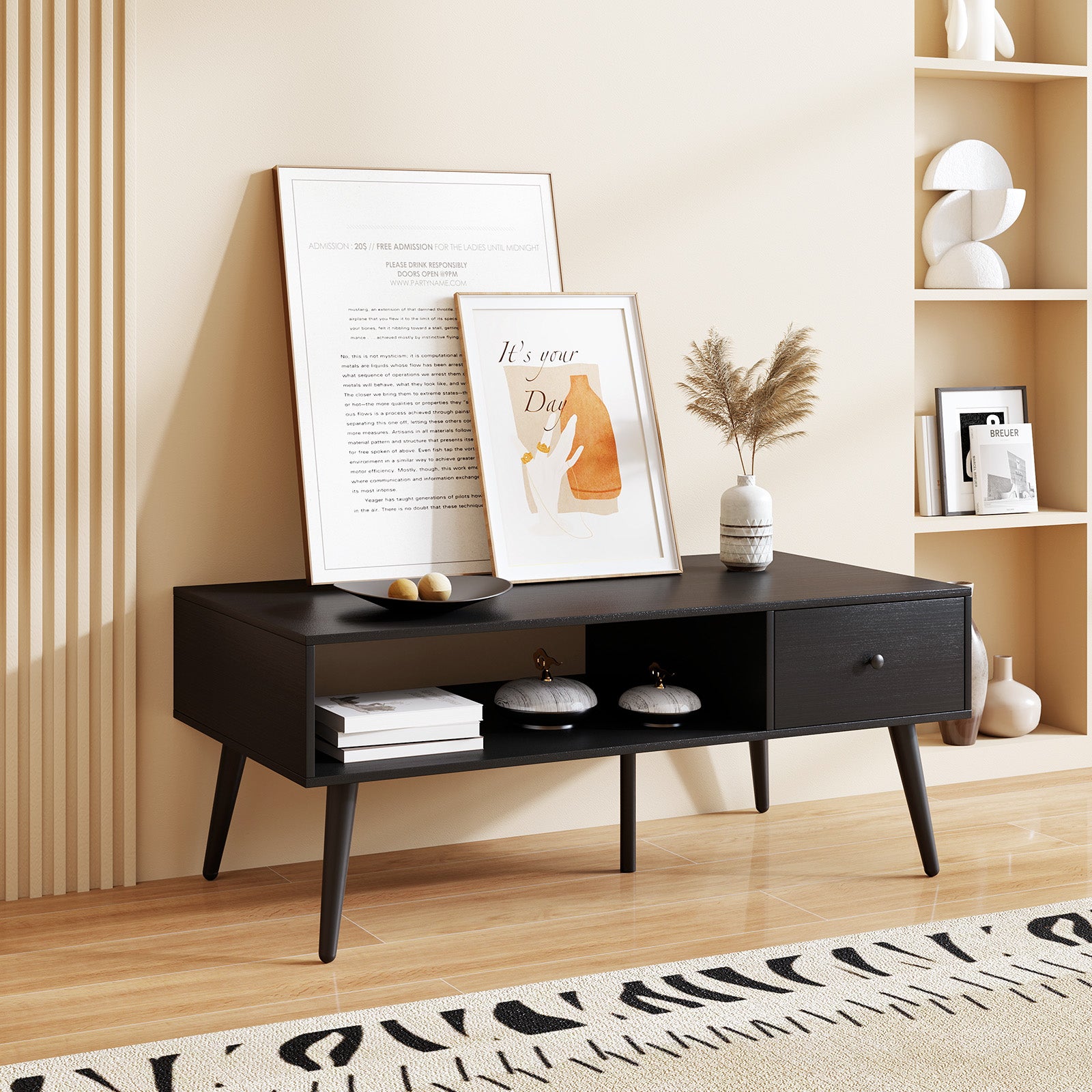 109cm Rectangular Coffee Table with Drawer and Storage Shelf-Black
