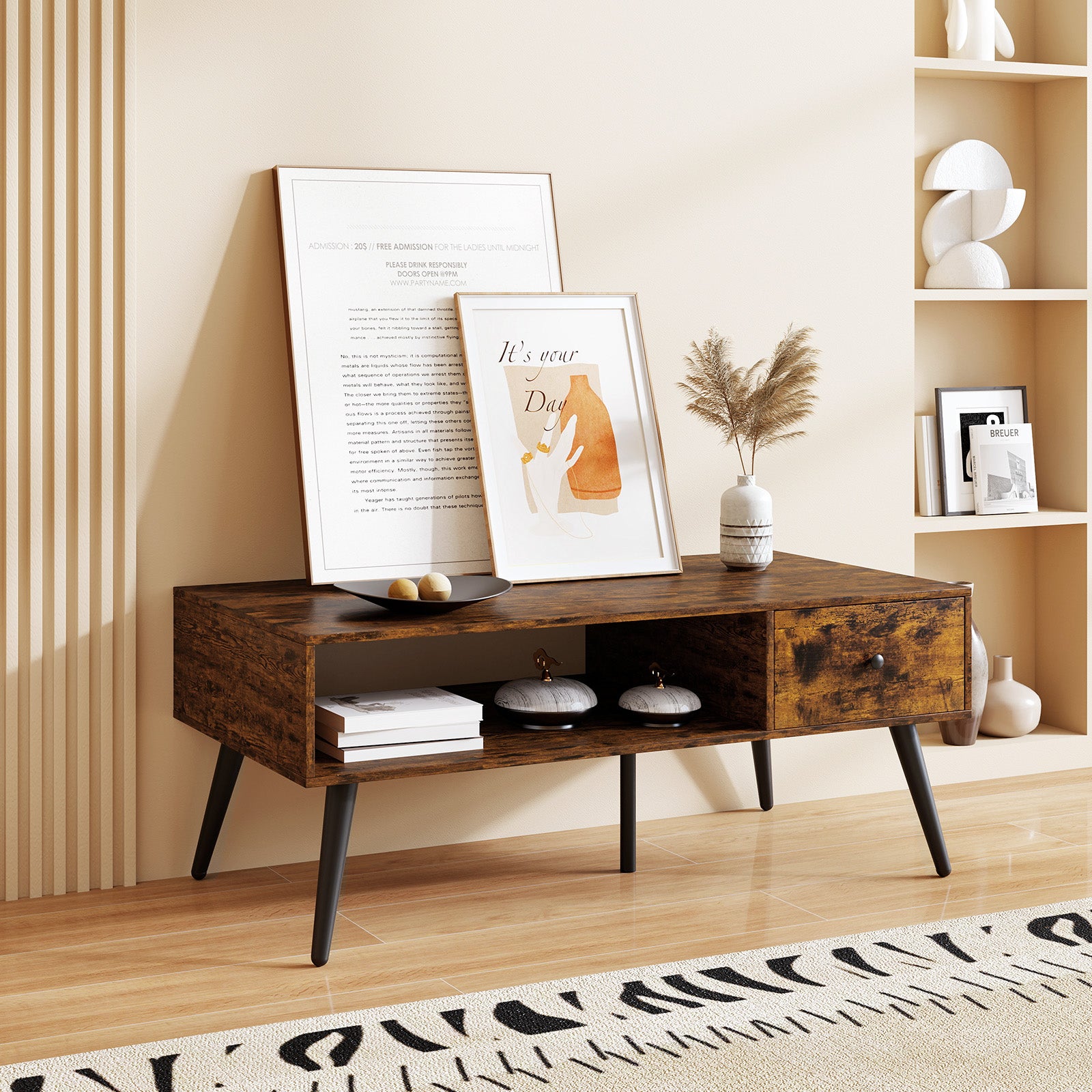 109cm Rectangular Coffee Table with Drawer and Storage Shelf-Rustic Brown