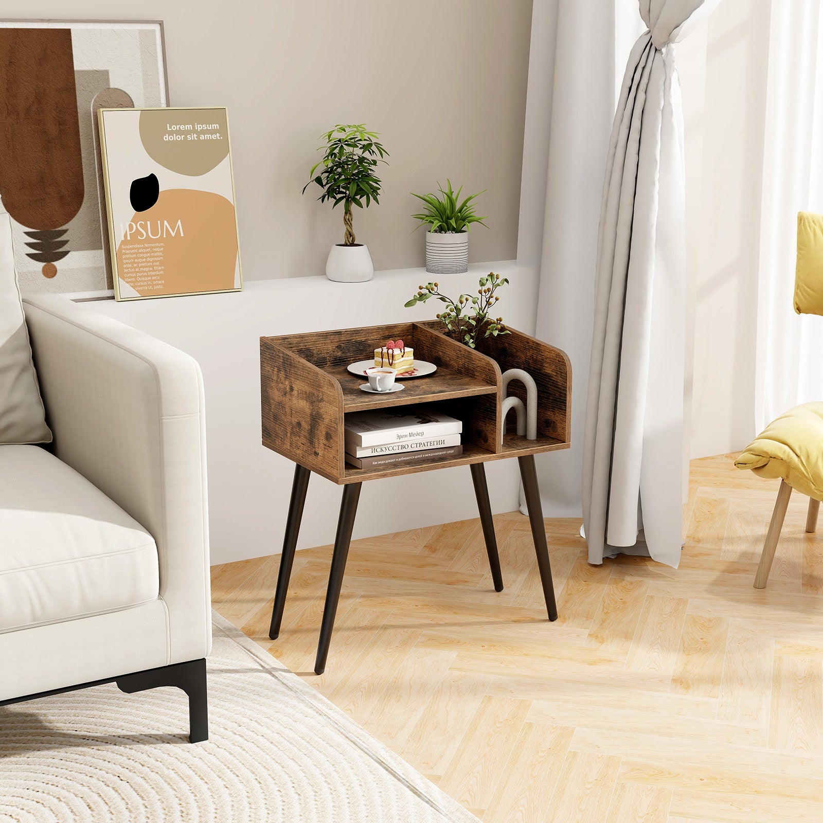 2-Tier Mid Century Modern Nightstand with Open Shelves-Rustic Brown