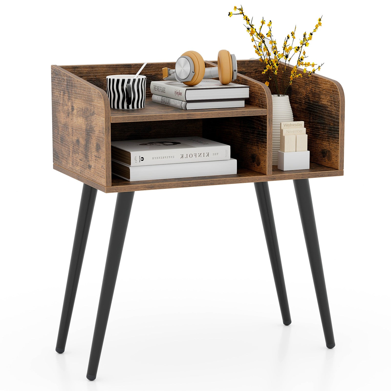 2-Tier Mid Century Modern Nightstand with Open Shelves-Rustic Brown