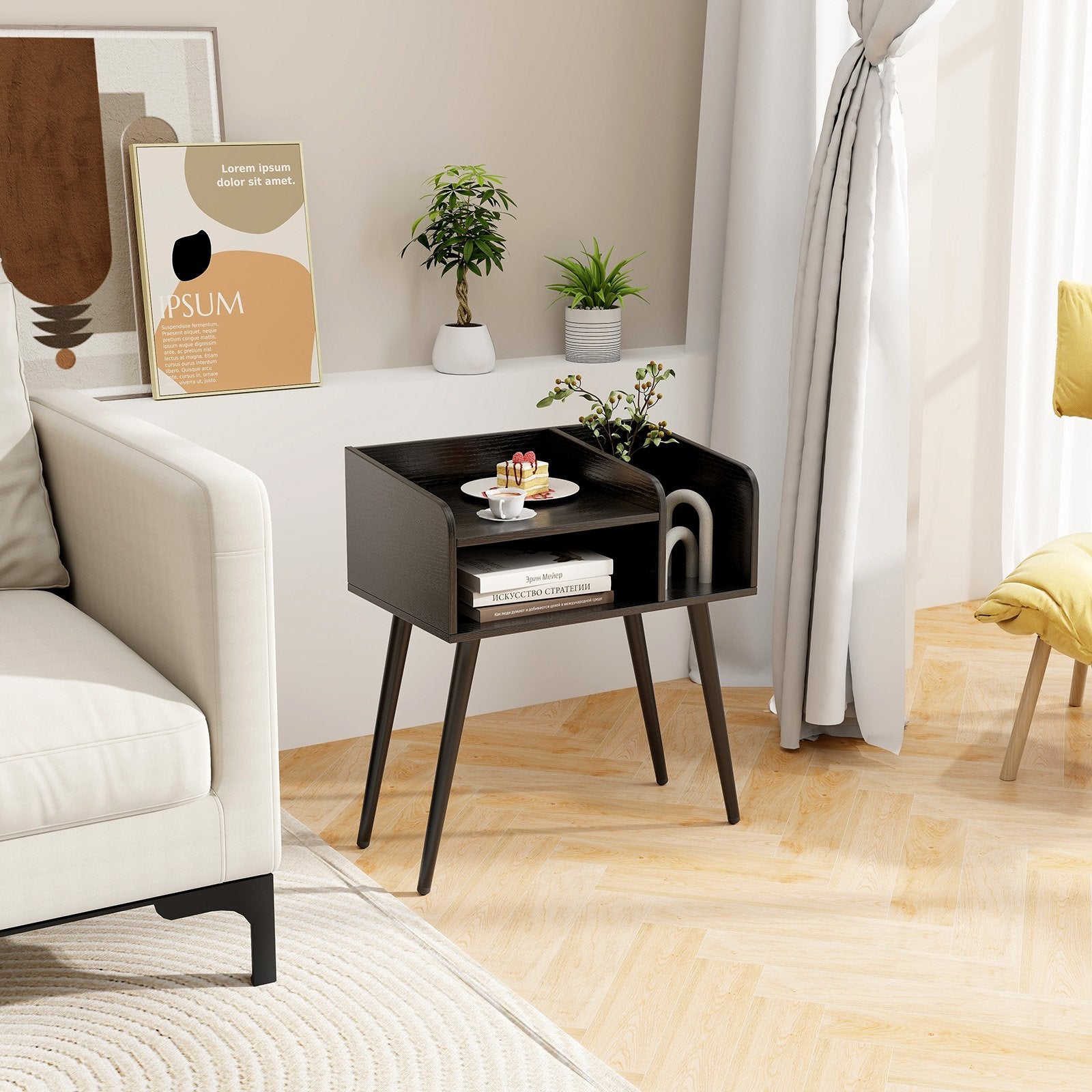 2-Tier Mid Century Modern Nightstand for Living Room Bedroom Set of 2-Black